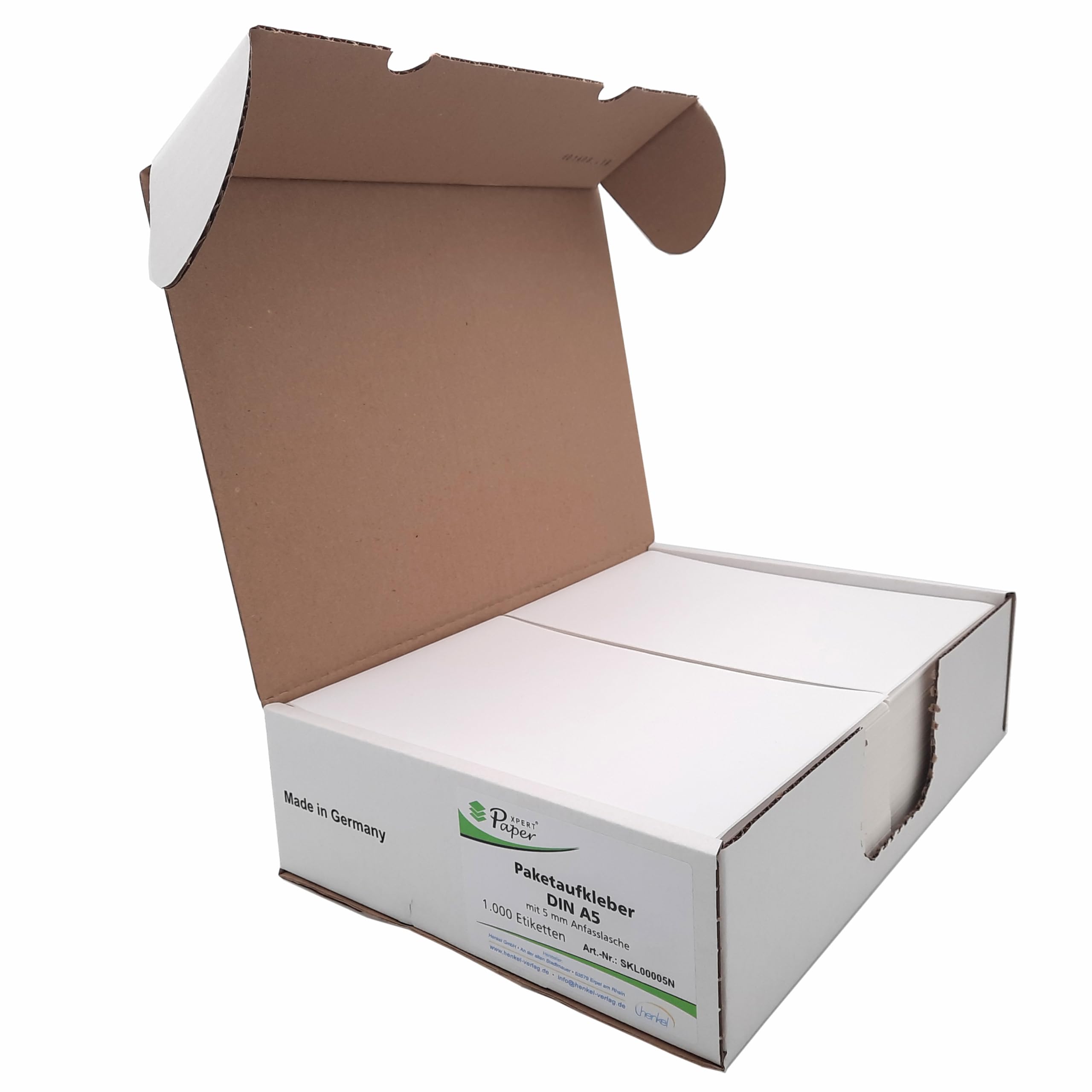 Pegatinas para paquetes/palés DIN A5 x 1000 | incluye lengüeta de 5 mm para despegar fácilmente | Autoadhesivo | para impresoras láser y de inyección de tinta – Fabricado en Alemania