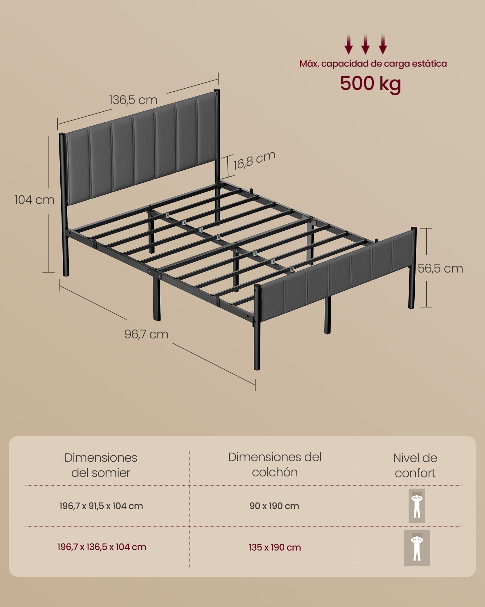 VASAGLE Marco de Cama Doble 135x190 cm Cabecero Tapizado Metal 500 kg Capacidad Peso Gris Pizarra