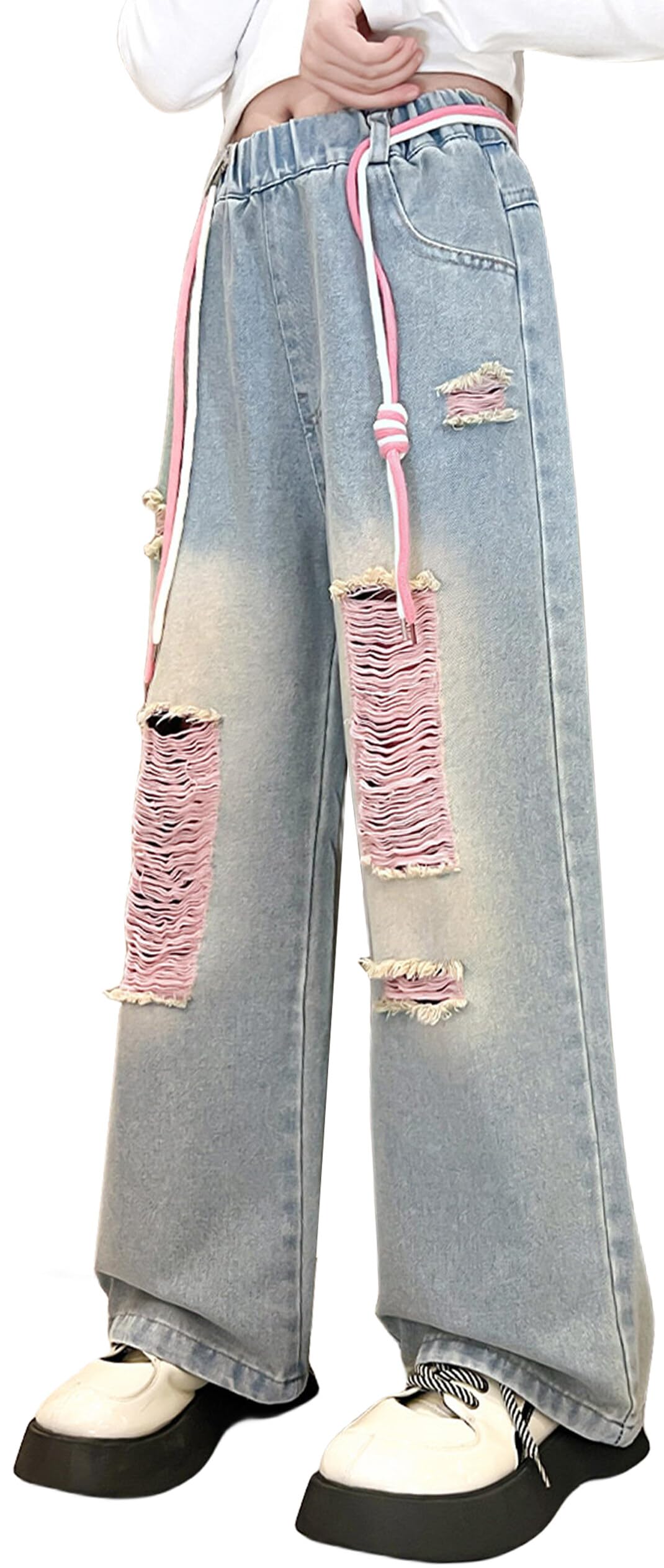 Happy Cherry Jeans Bambina Pantaloni Denim Blu Dritto Fori Vintage per Bambini Pantaloni Cargo Ragazze 5-14 Anni Streetwear