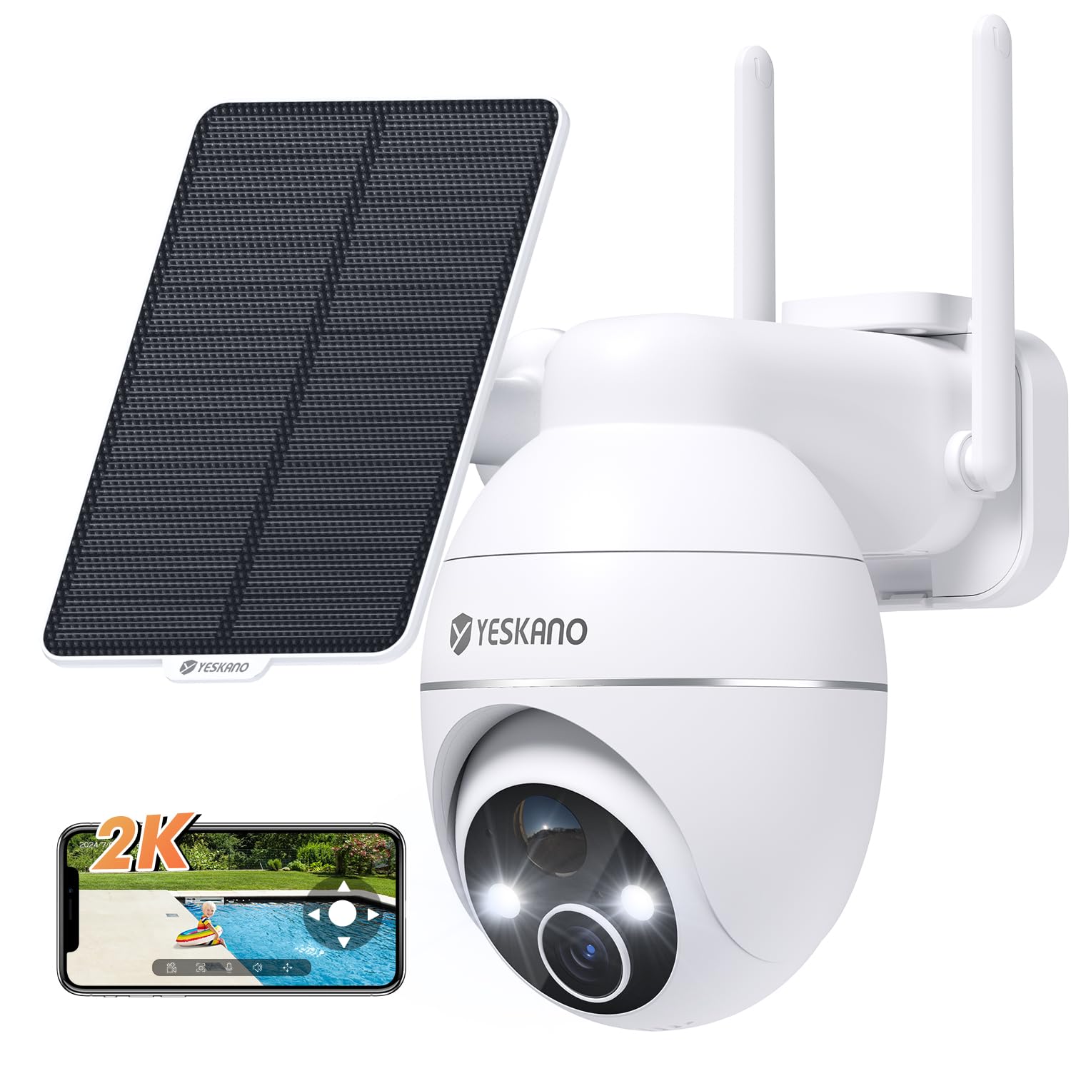 YESKANO YESKANO Camara Vigilancia WiFi Exterior Solar, 2K Cámaras de Vigilancia sin Cables, 360° PTZ,Visión Nocturna de Color,2.4 GHz Wi-Fi, Detección de IA, PIR Sirena,IP66 (Blanco)