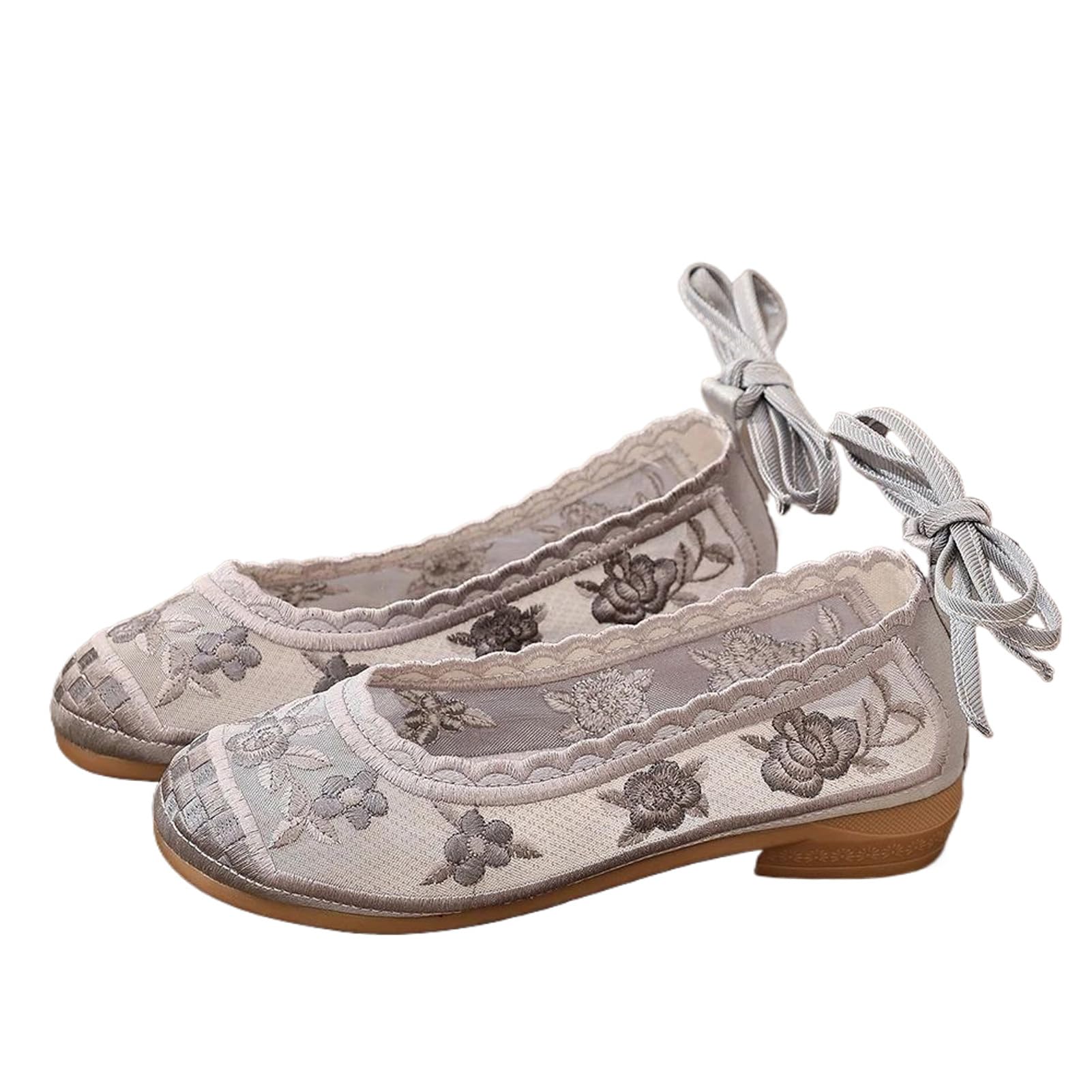 JYHBHMZG Vintage Bestickte Damen Gaze Mesh Knöchelriemen Ballettflats Schwarz Sommer Bequeme Kühle Gehschuhe