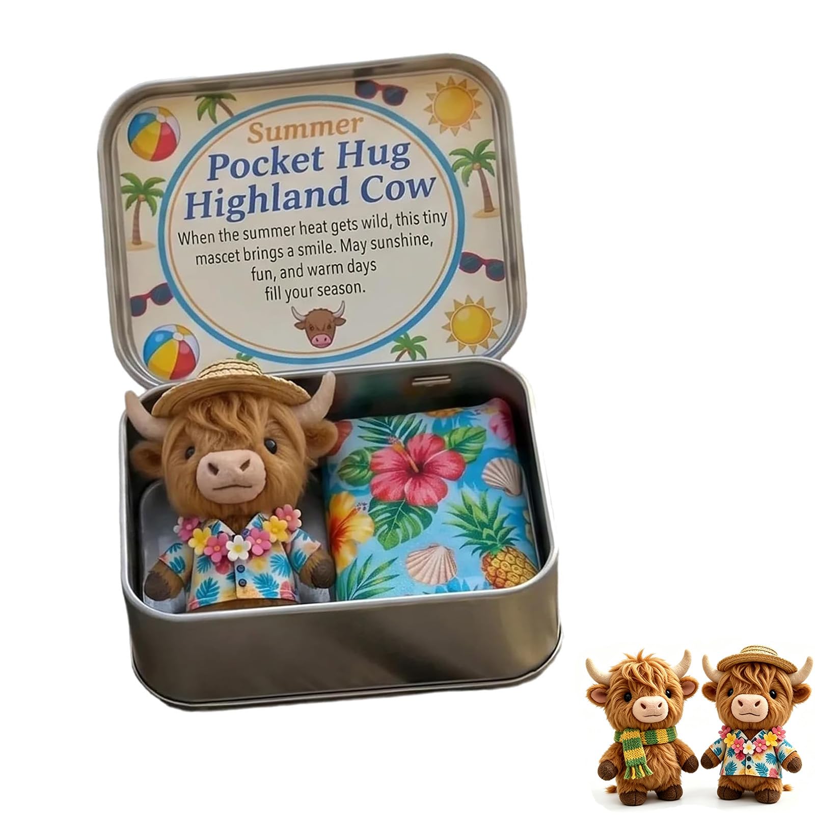 Pocket Hug Highland Cow Gift Set – Mini Highland Cow Plush with Tin Box & Message Card, Emotional Support Anxiety Relief Gift, Cute Encouragement Present for Women, Friends (#B)