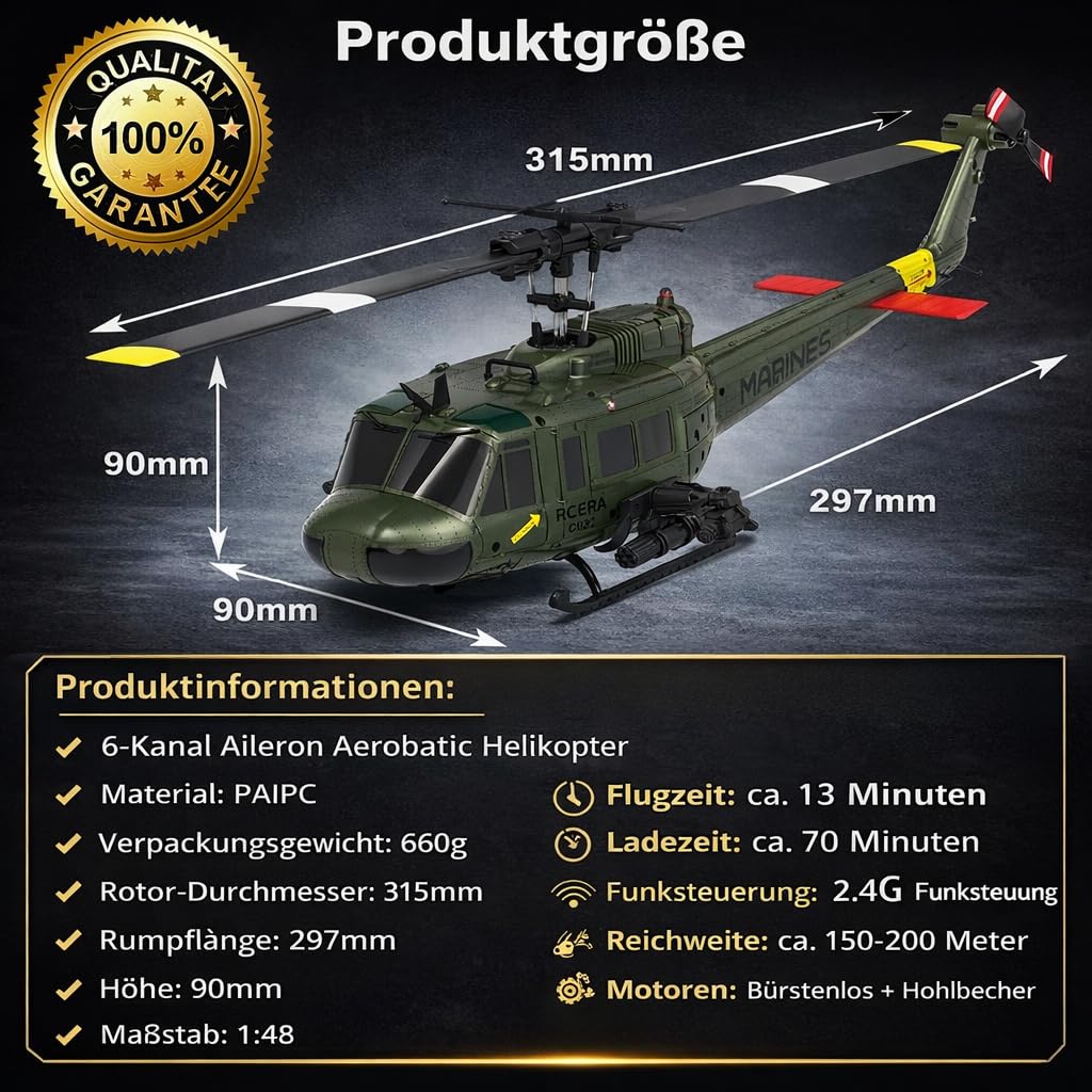 C032 RC Hubschrauber für Erwachsene, UH-1 Huey 6CH Military Scale Aileronless Aerobatic RC Helicopter with Fly Upside Down 3D Rolling & Intelligent Positioning System for Enthusiasts(Yellow)