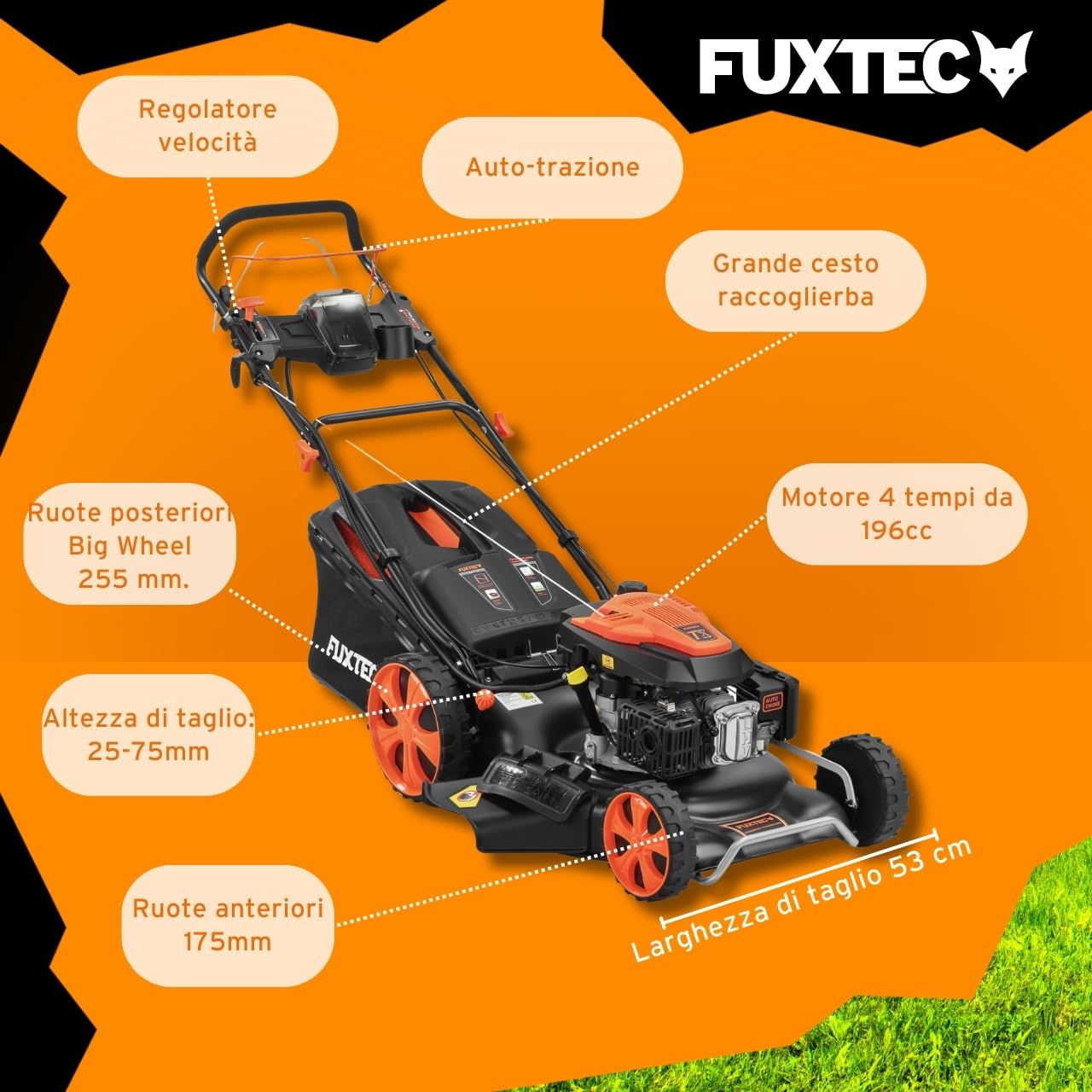 FUXTEC FX-RM5396eSPRO Tagliaerba a scoppio semovente, avviamento elettrico, velocità regolabile, scarico laterale, larghezza di taglio 53 cm, mulching, altezza 25-75 mm, cassetta per erba 70L