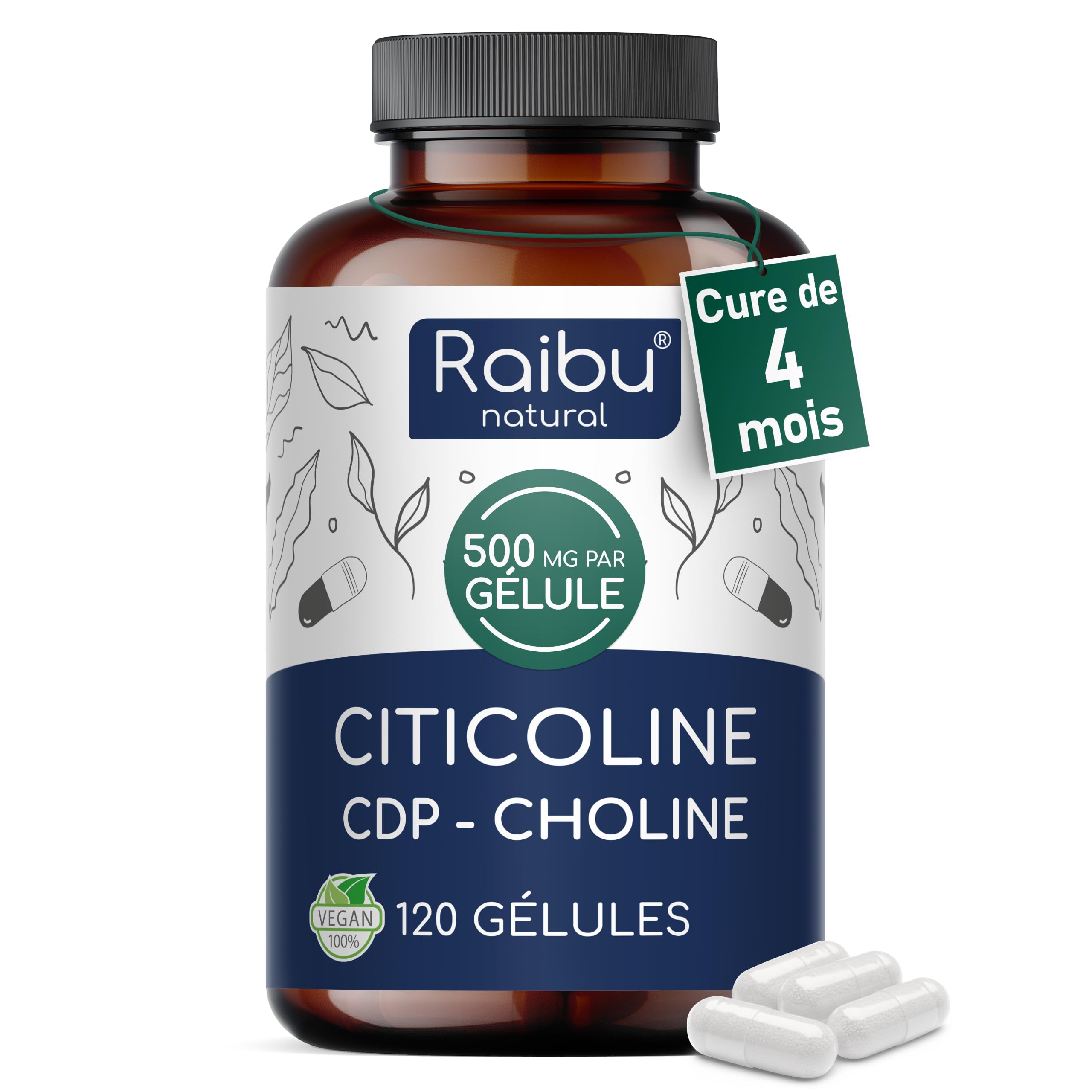 CDP-Choline (Citicoline) 500 mg - Cure de 4 Mois, 1 Gélule par Jour - Forme Bioactive de Choline - 120 Gélules de Citicoline - Sans OGM, Sans Additifs, Végan, Testé en Laboratoire