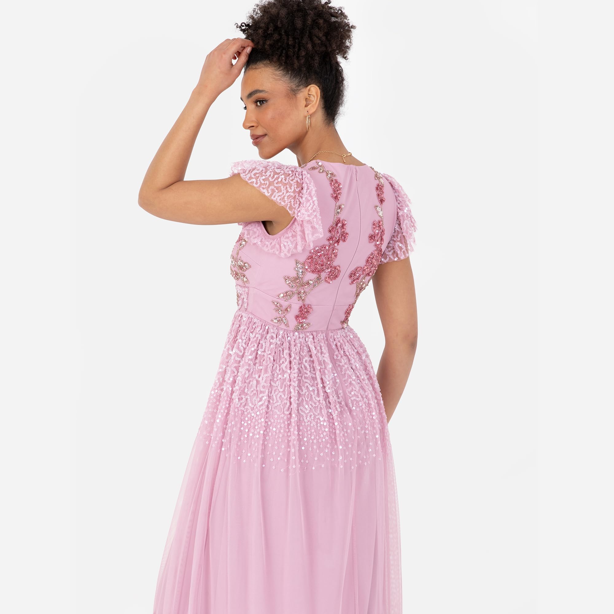 Maya Deluxe Women's Ladies Maxi Dress V-Neck Short Flutter Sleeves Floral Sequin Embellished Tulle A-Line Wedding Guest Bridesmaid Vestito Donna