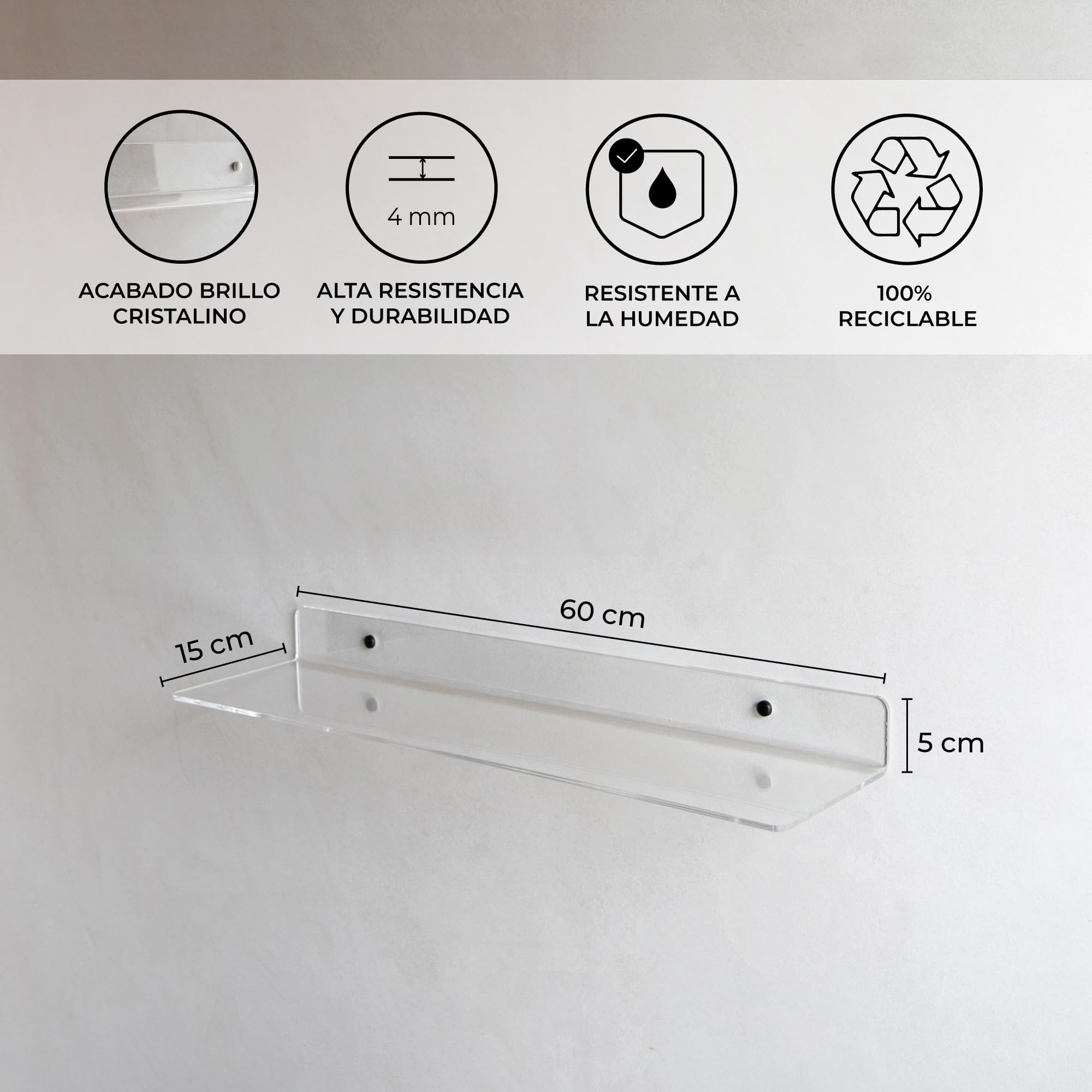 MILUKA Repisas de Pared en Metacrilato Transparente 60 x 15 cm (Pack 2) | Estante flotante de acrílico resistente, Baldas Invisibles Efecto Cristal | Repisas Decorativas para Libros, Fotos y Plantas