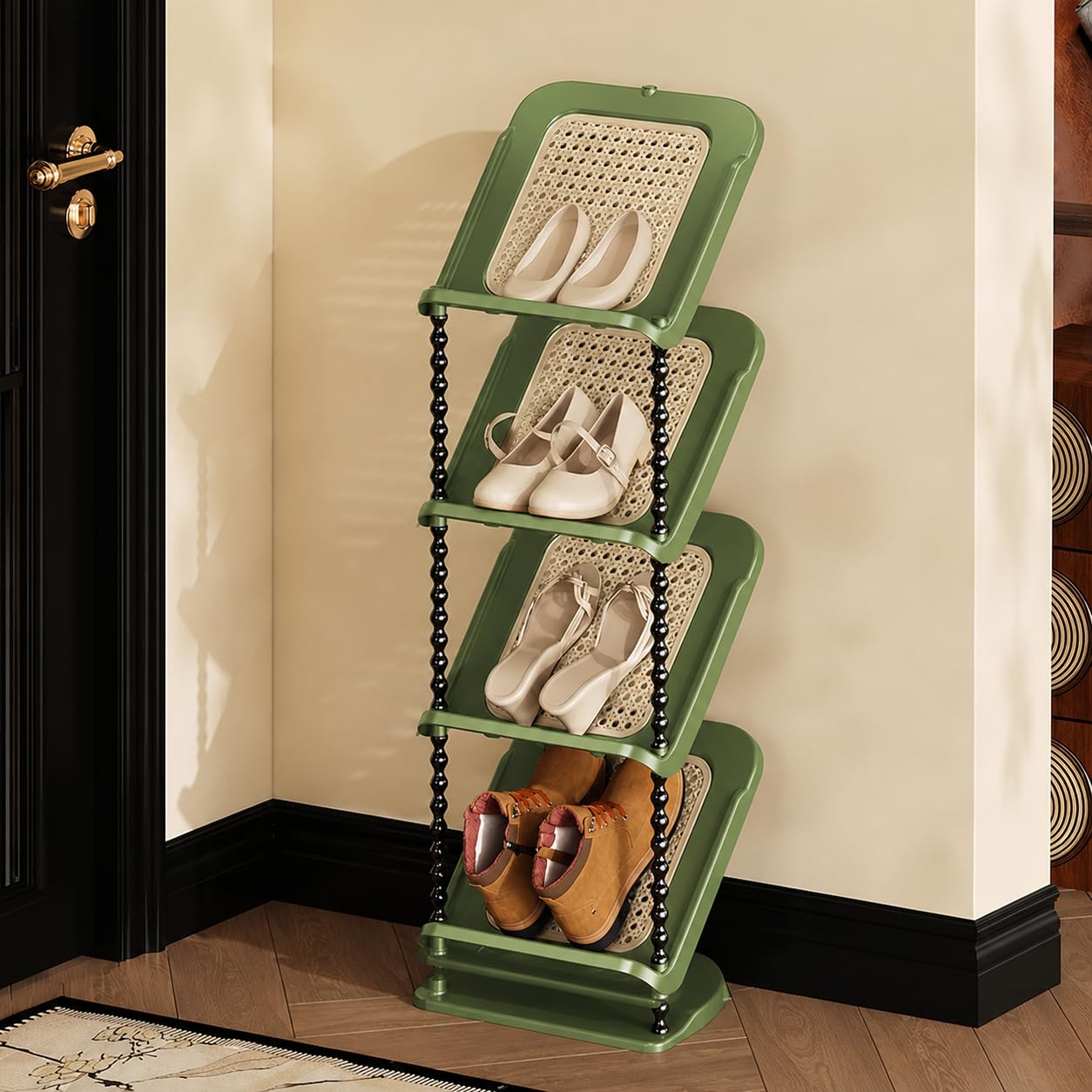 SR Premium Rattan Pattern Multi-Tier Shoe Rack, Space Saving Shoes Organizer for Entryway, Stand with Shoes Storage Slots, Vintage Style Shoes Rack, Home Hallway Furniture (Green, 4 Layer)-image-5