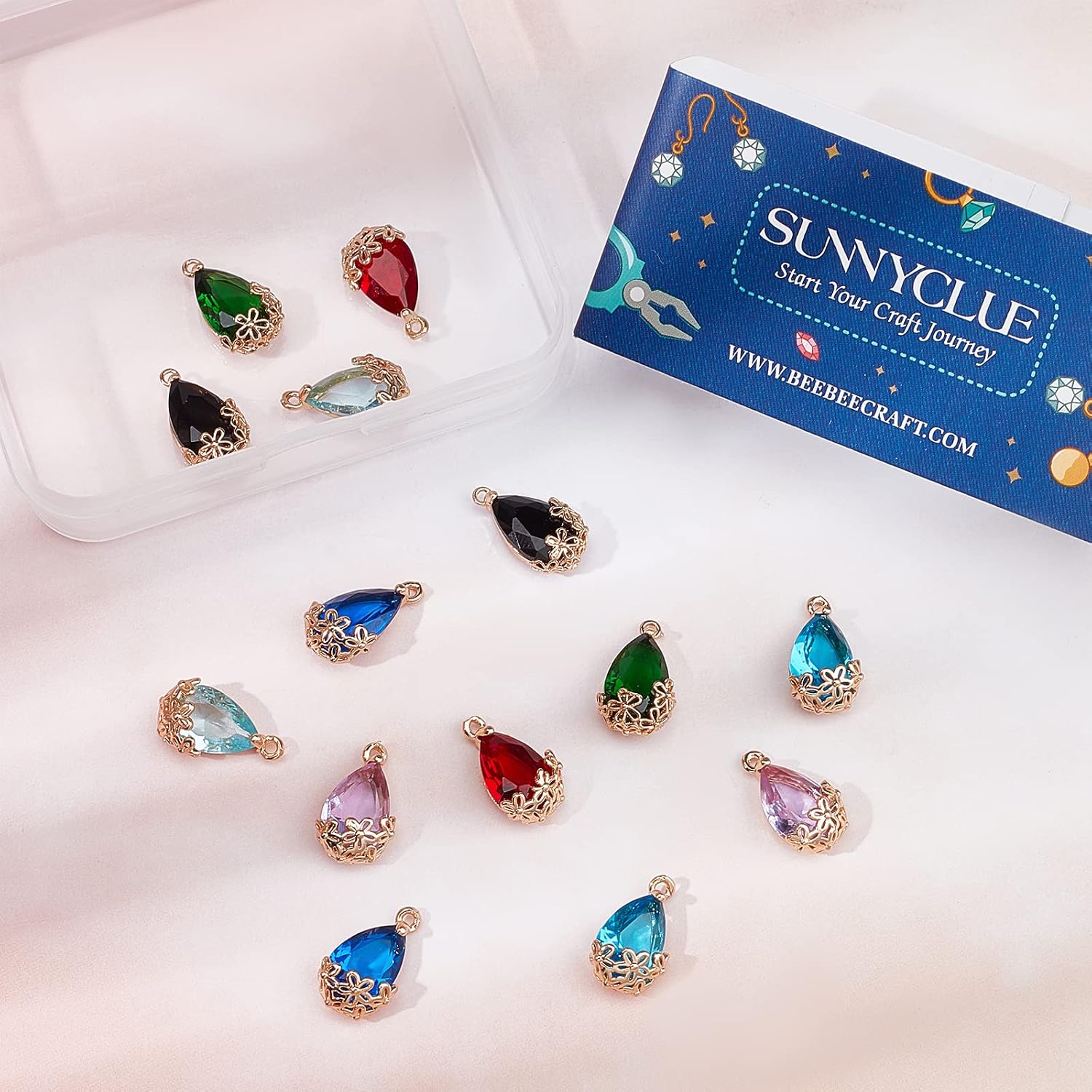 SUNNYCLUE 1 Box 14Pcs 7 Colors Teardrop with Flower Charms Transparent Glass Crystal Pendants Waterdrop Rhinestone pendant Jewelry Findings for beginners Women DIY Earring Jewelry Making - Image 5