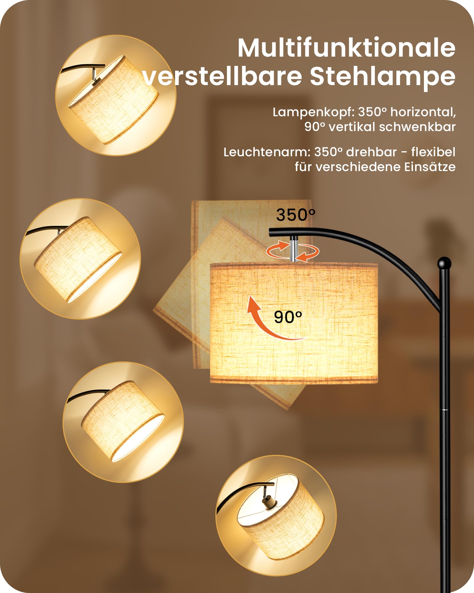 Stehlampe mit Tisch, Schwarz und Beige | 3 Farbtemperaturen, Speicherfunktion, Verstellbarer Lampenkopf, Fußschalter, Mit Regal