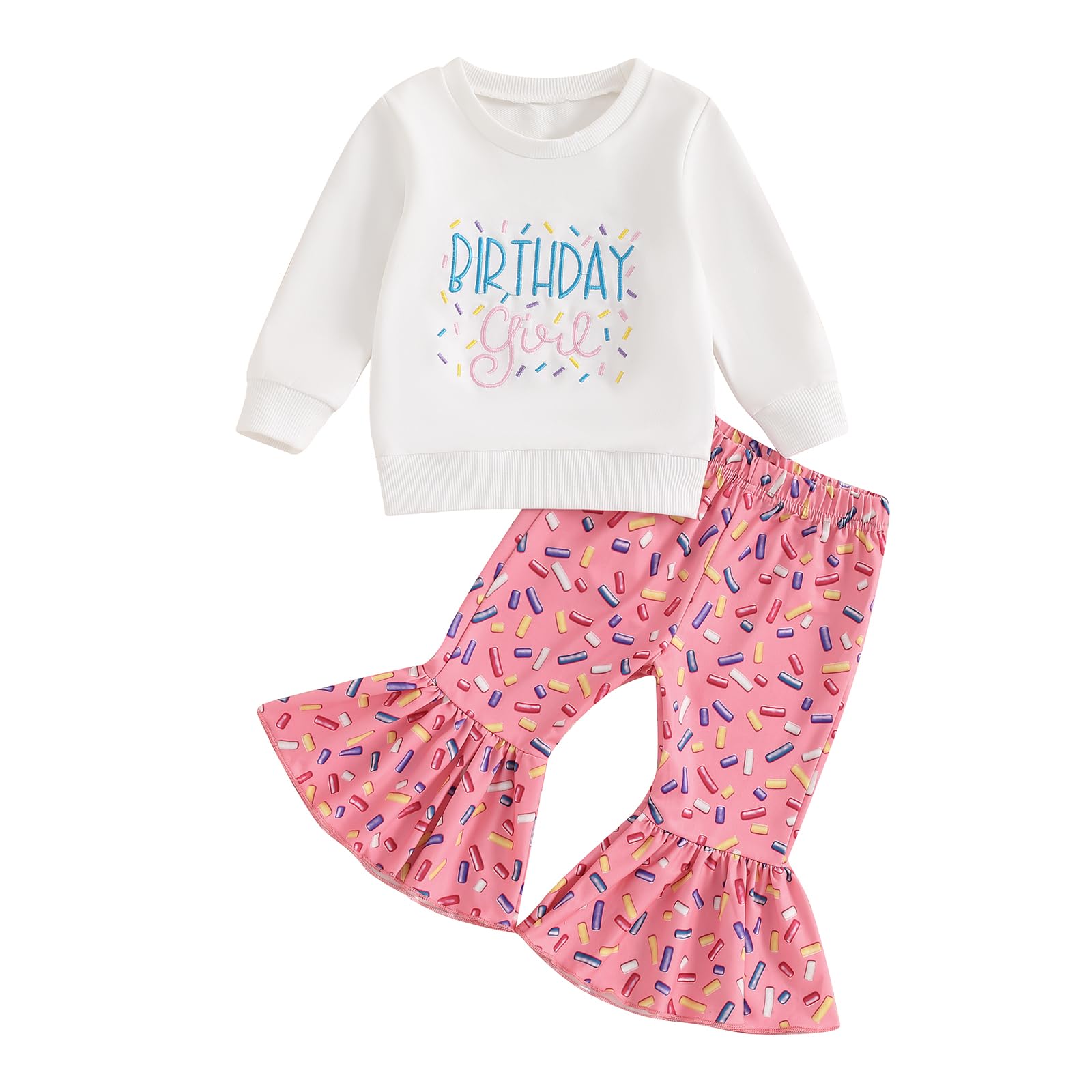 SAYOO Baby Birthday Girl Outfit Birthday Girl Embroidery Print Sweatshirt Top+Sweet Donut Flared Pant Fall Princess Clothes (A Pink, 12-18 Months)