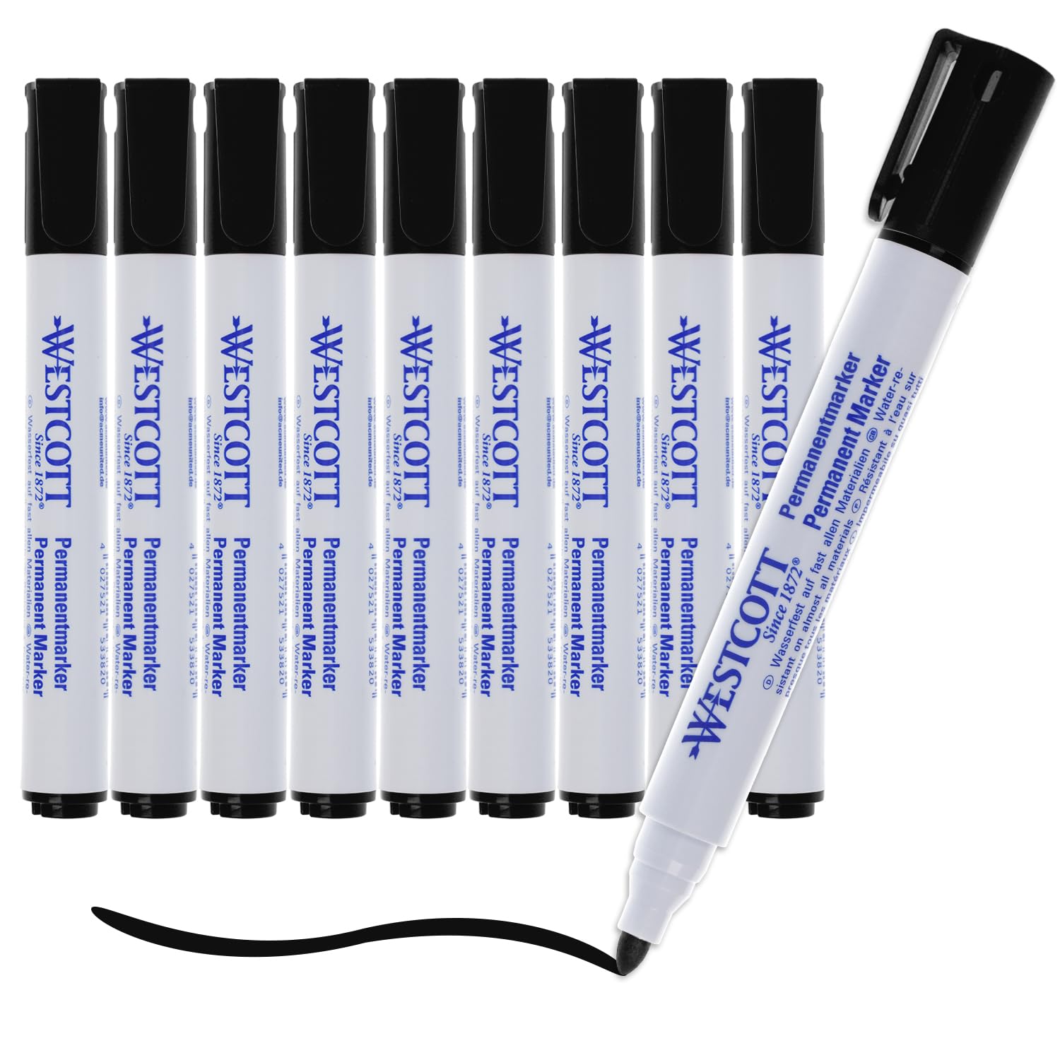 Westcott Permanent Markers, Pack of 10, Black, Waterproof Markers, 1.5-3 mm Bullet Tip, Refillable, Lightfast, Quick Drying, E-713005 00
