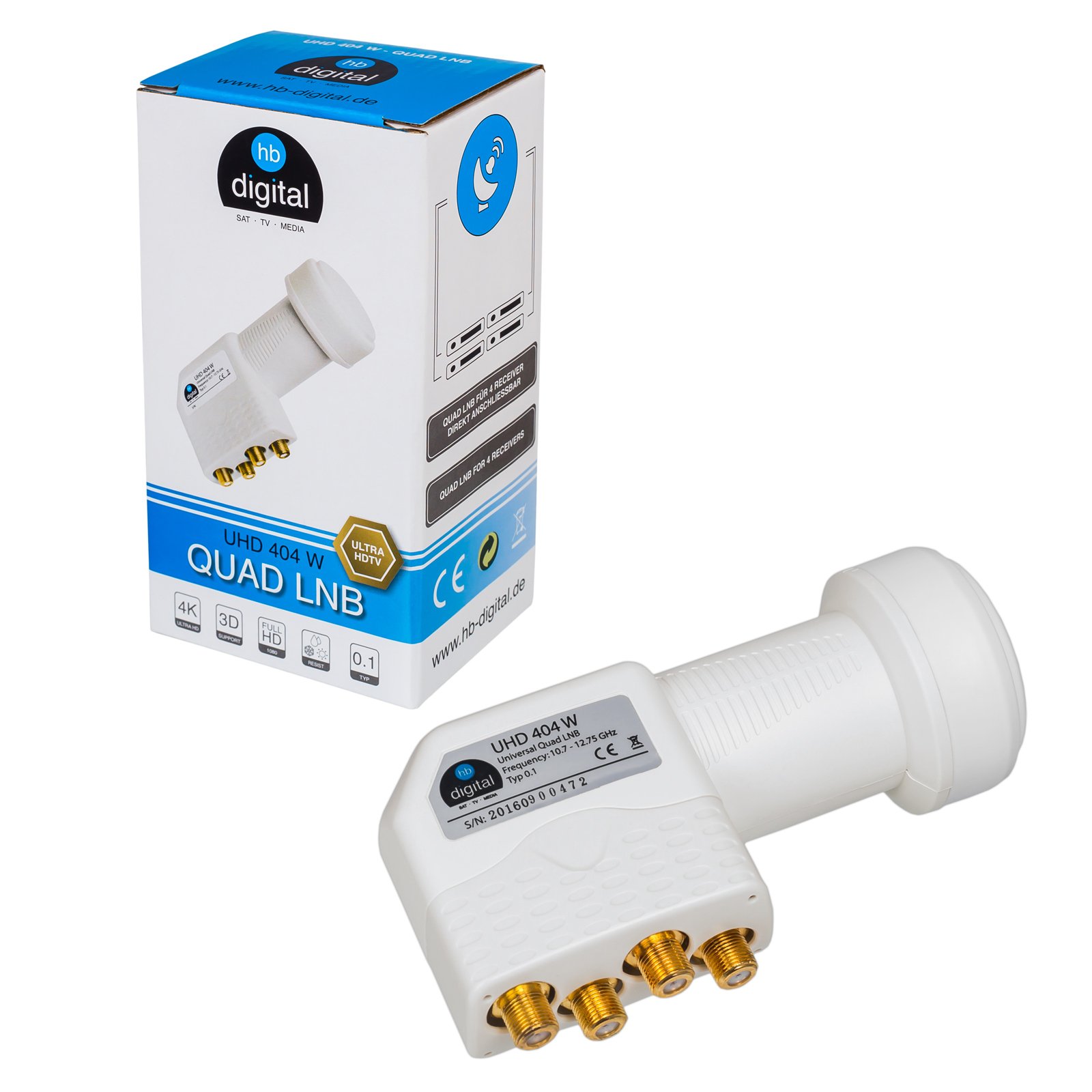 HB Digital 4 Teilnehmer Set - Dur-Line Select ALU SAT Anlage 75/80cm Spiegel Schüssel Hellgrau + Quad LNB Weiß Full HD 3D Ultra HD (UHD) Signale auf bis zu 4 Receiver + 8 Stecker Gratis dazu im Set