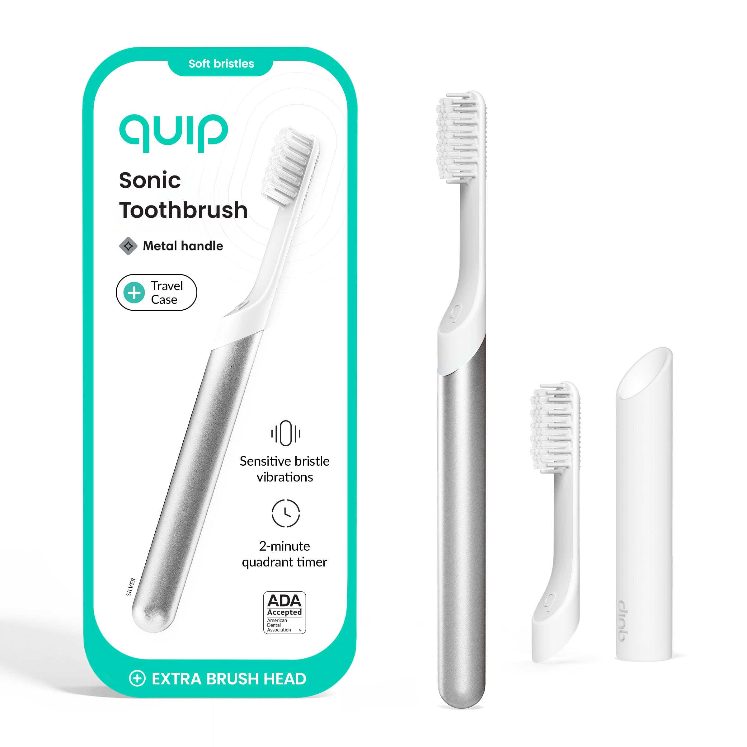 Quip Sonic Toothbrush for Adults with Timer - Includes Extra Brush Head and Travel Cover Mount - Electric, Soft Bristle Refill Head, Metal Handle, 3 Month Battery Life - Travel Toothbrush - Silver