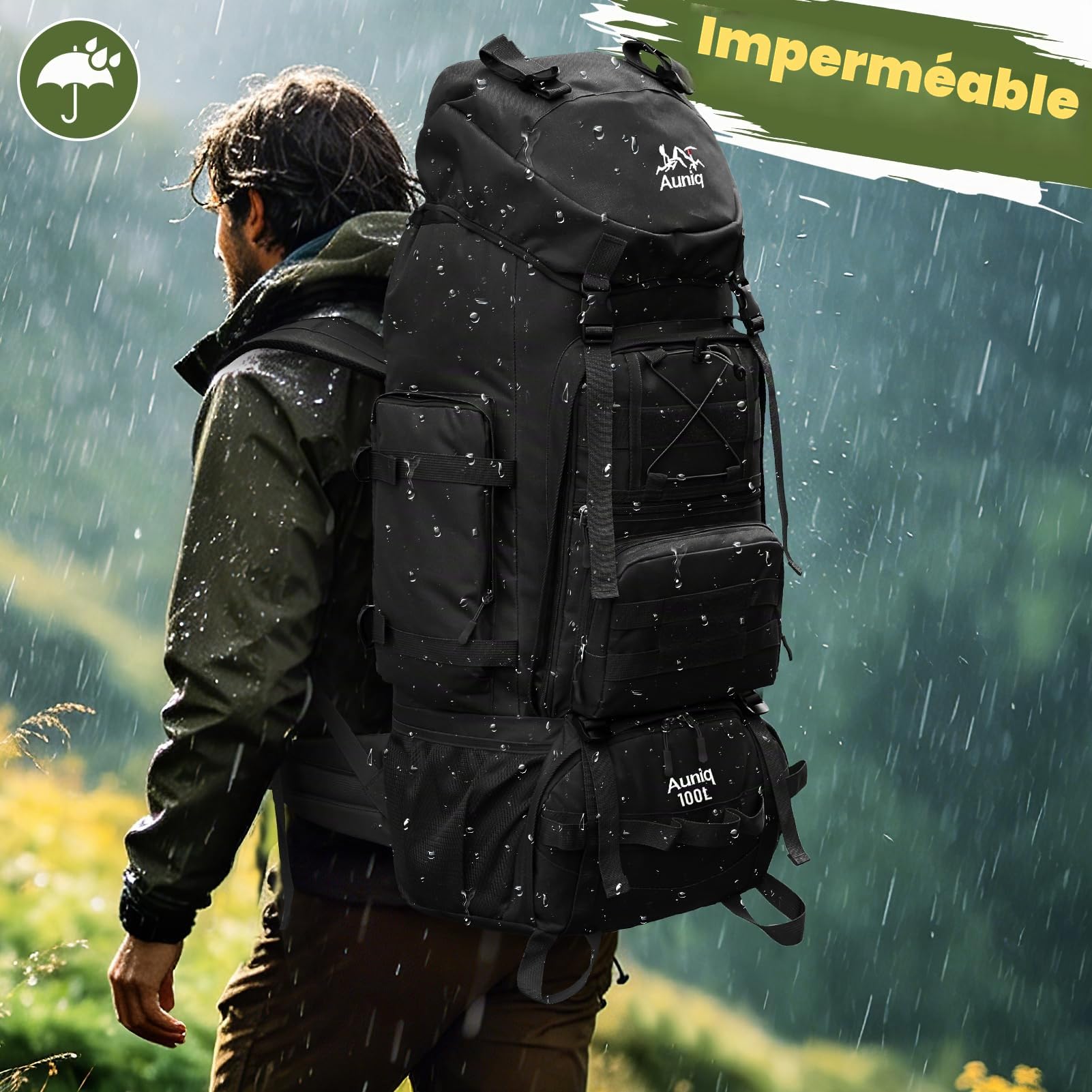 Sac à Dos de Randonnée 100L, Grande Capacité Sac à Dos Trekking Réflecteur Sac à Dos Voyage Imperméable Résistant Sac à Dos de Camping pour Plein air Alpinisme Sports Voyage Trekking (Noir)
