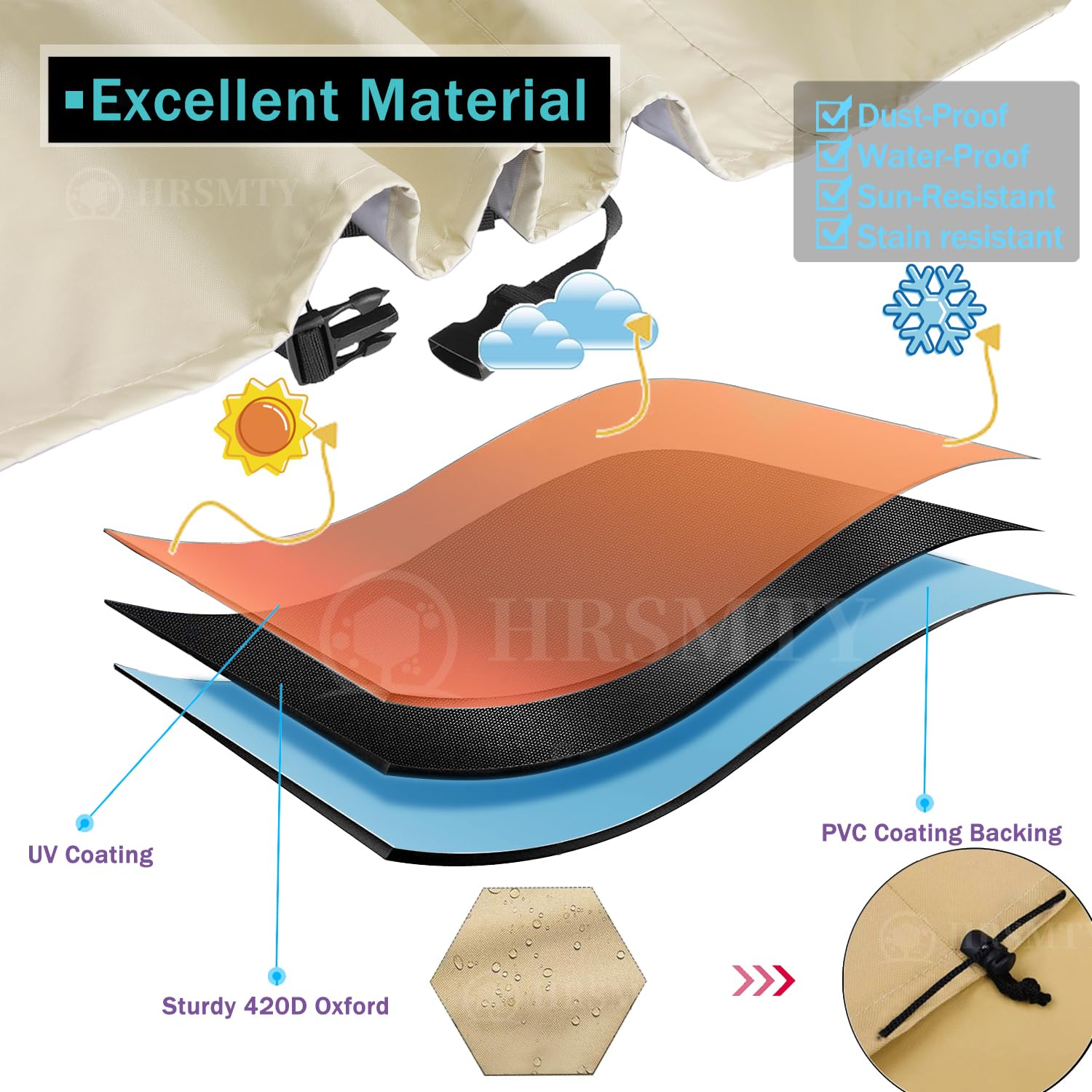 Funda impermeable de piel de buey 420D, protección contra rayos UV, resistente al viento, con correa de bloqueo