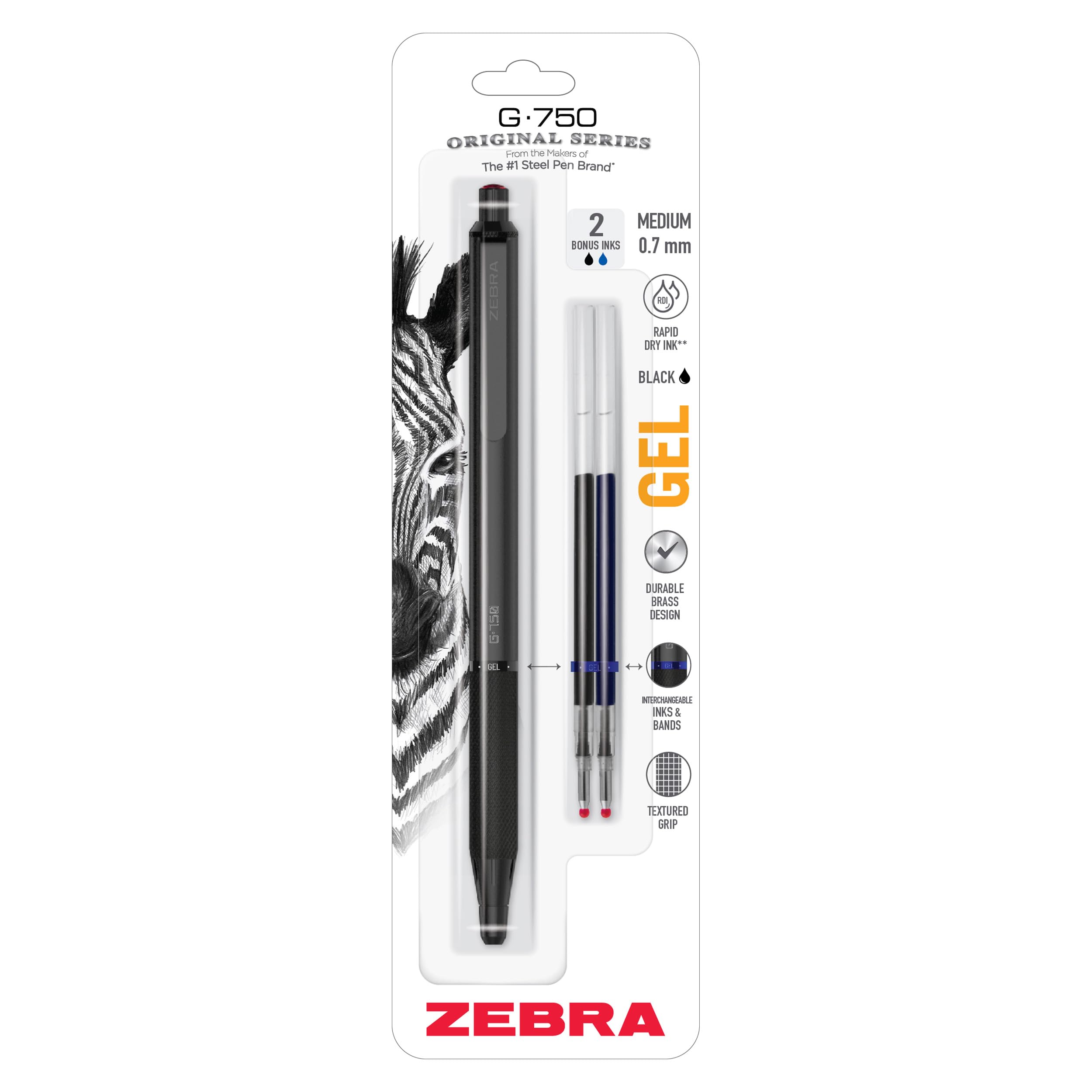 Zebra Pen G-750 Retractable Gel Pen, Black Brass Barrel, Medium Point, 0.7mm, Black Ink, 1-Pack