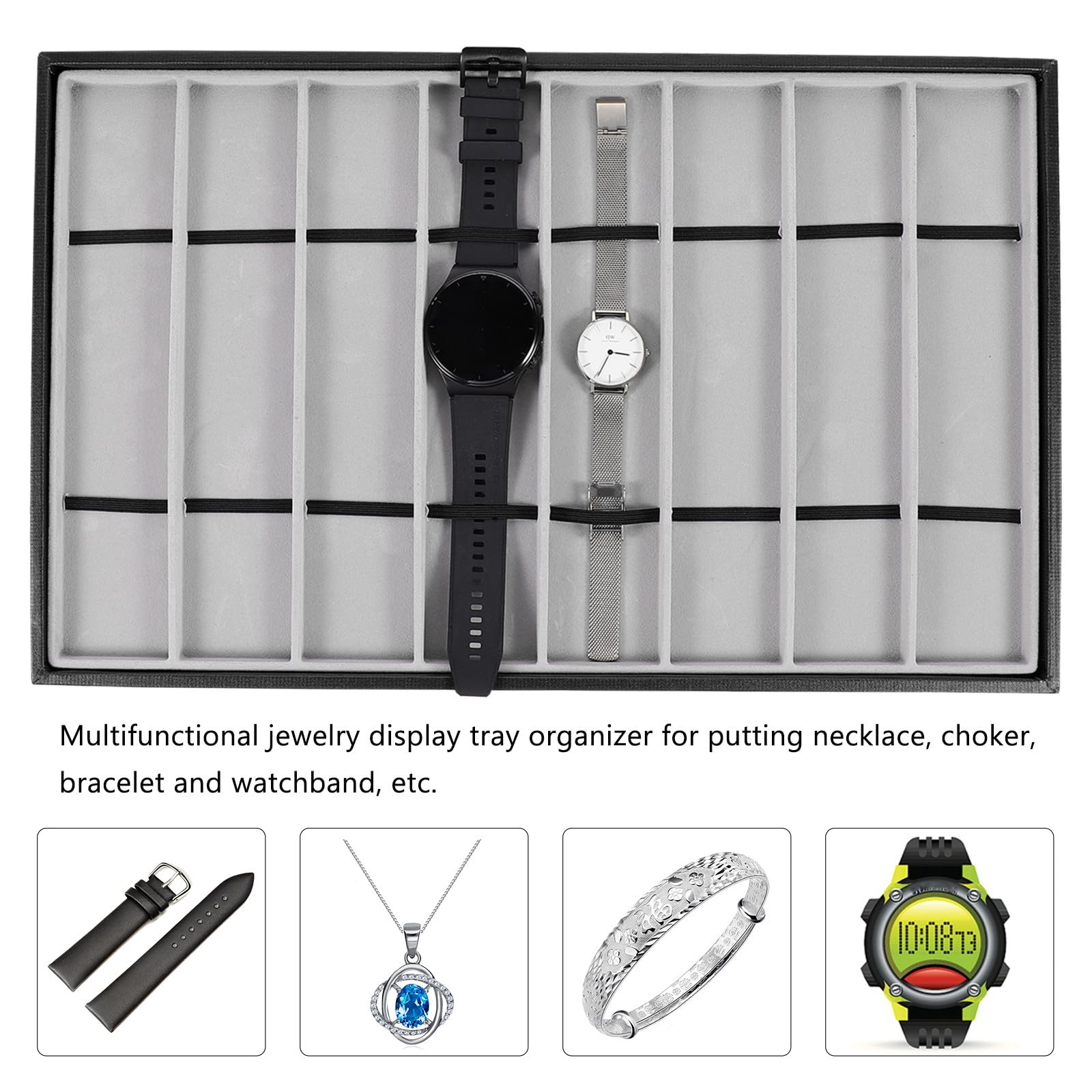 PACKOVE Bandeja para Guardar Relojes y Joyas 8 Compartimentos, Organizador de Almacenamiento en Piel Sintética Negra y Forro de Terciopelo Gris, Diseño Artesanal para Uso Doméstico y