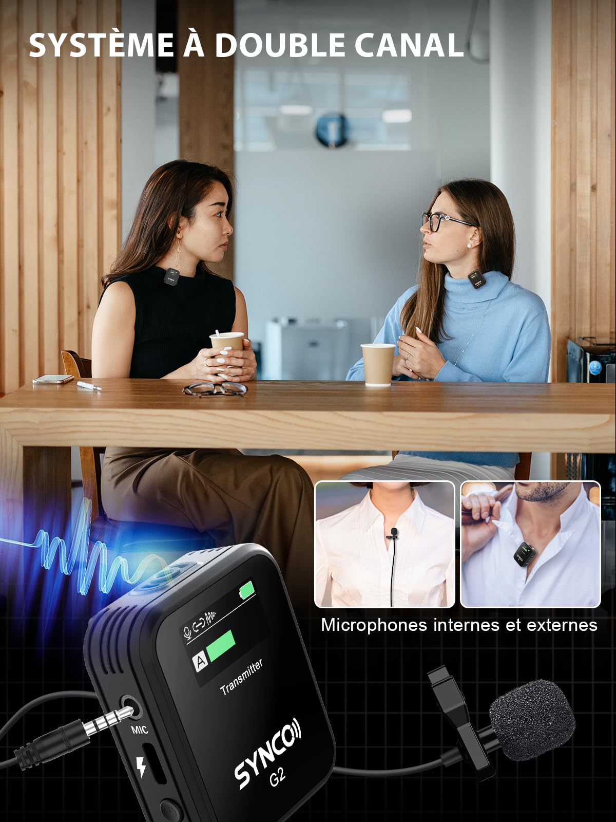SYNCO G2(A2) Micro Cravate sans Fil, Lavalier Microphone 2.4G 200M 8H Annulation Bruit pour Caméra DSLR Smartphone Tablette PC Youtube Vlogging Streaming