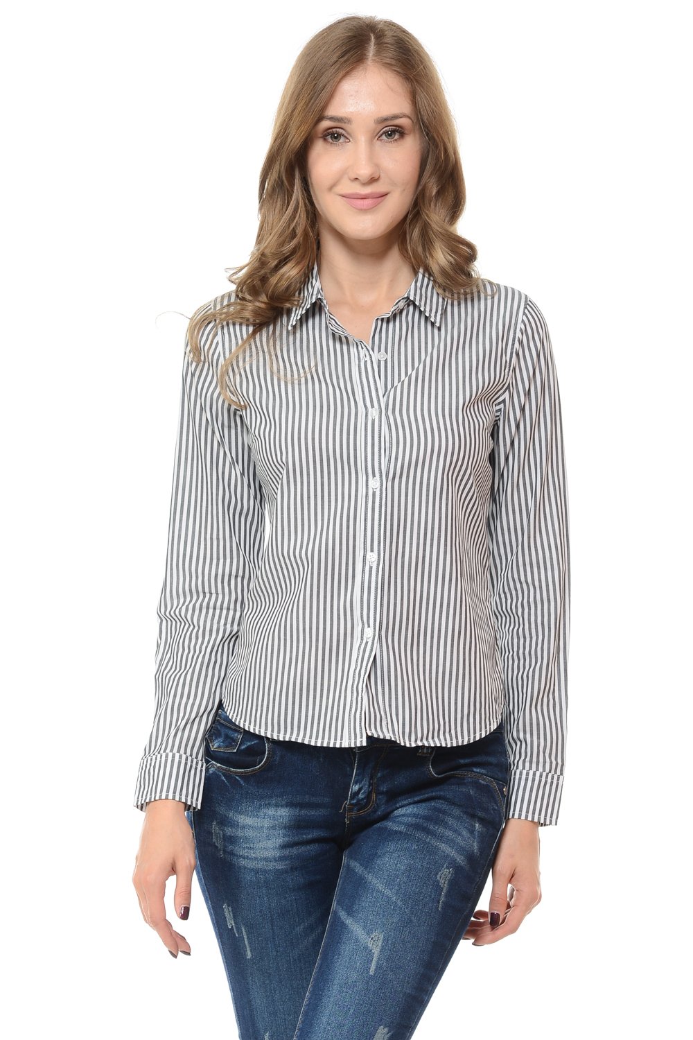 Womens Button Down Long Sleeve Striped Fitted Shirt(GT1030)