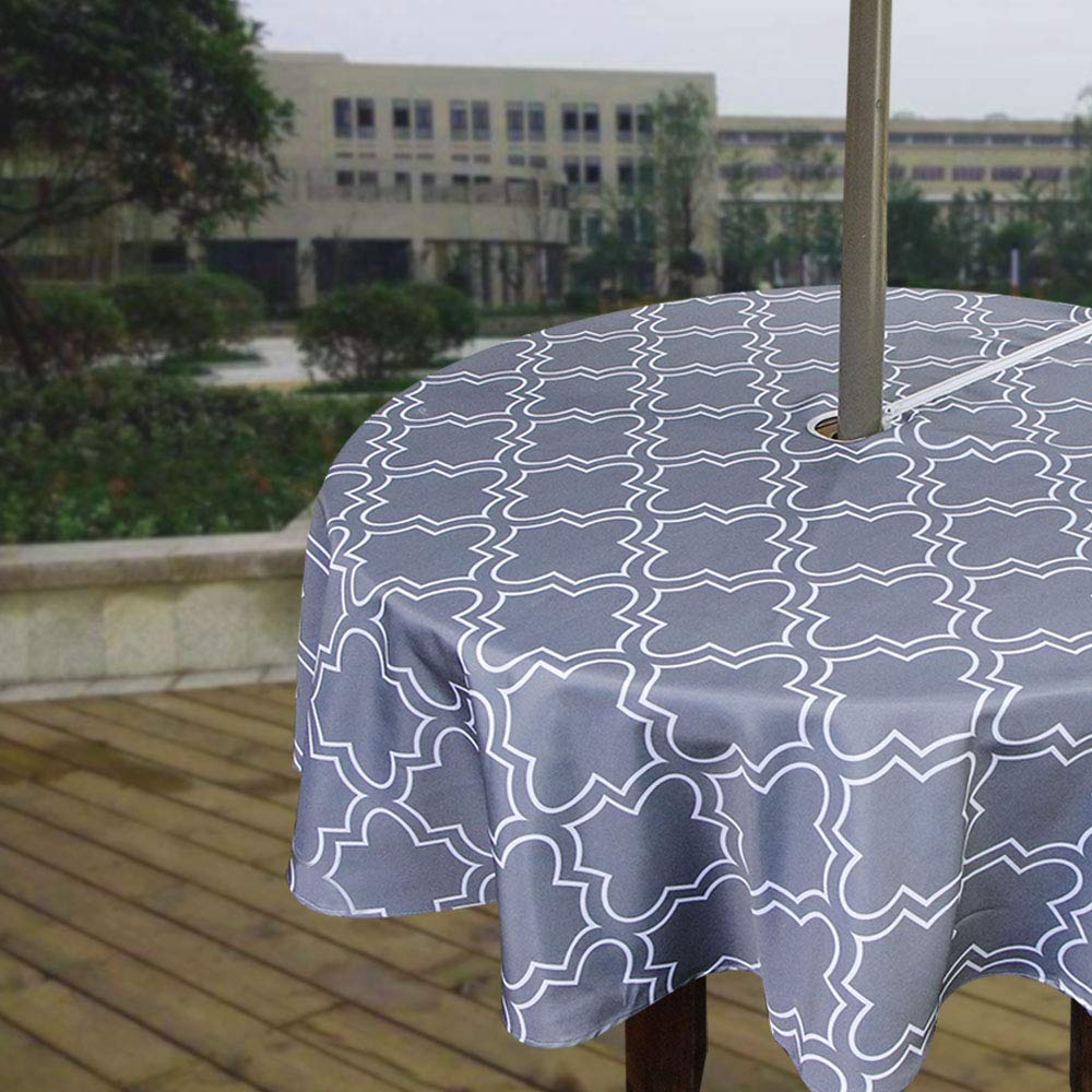 Melaluxe Heavyweight Wrinkle-Free Stain Resistant Waterproof Outdoor Tablecloth with Umbrella Hole and Zipper (Grey, 60" Round-Zippered)