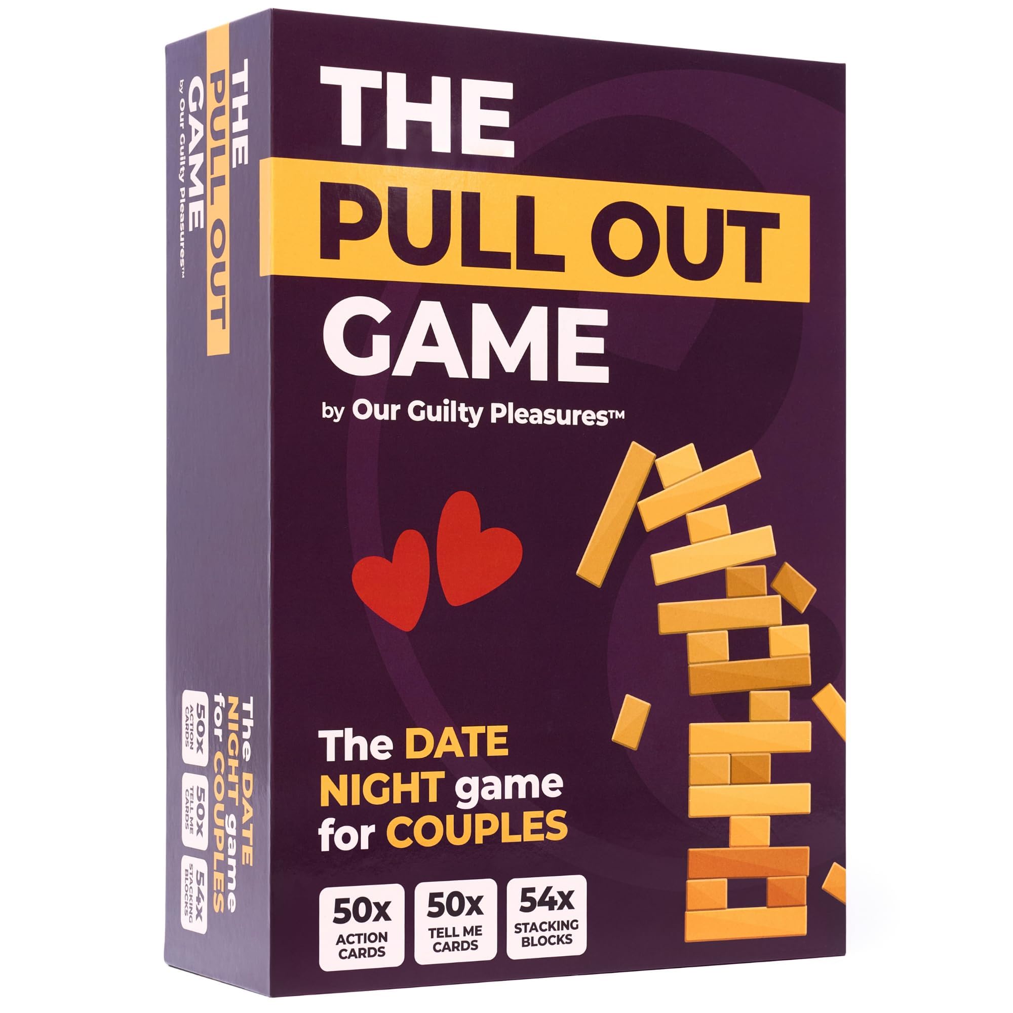 Our Guilty Pleasures The Pull Out Game - Flirty Date Night Game for Couples, Romantic Block Tower with 100 Cards, 50 Action & 50 Tell Me - Perfect for Any Relationship or Valentines Day Gift
