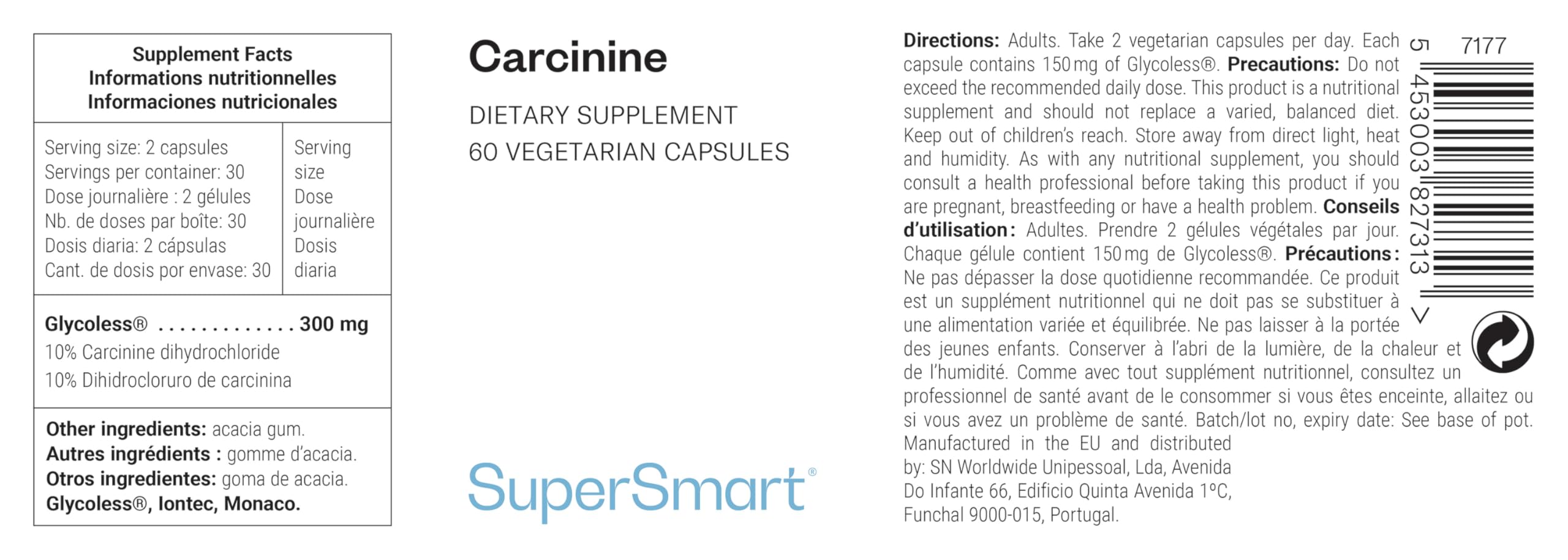 Carcinine - Aide à Maintenir une Peau Souple et Ferme - Contribue à Lutter contre le Glycation - Formule Brevetée Glycoless® - Anti-Âge - Vegan - Sans Gluten - Supersmart
