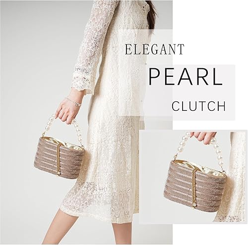 Miniatura 6 de Bolso de mano para mujer, bolso de noche de cristal con asa superior de perlas, bolsa de cubo de metal con cadena desmontable