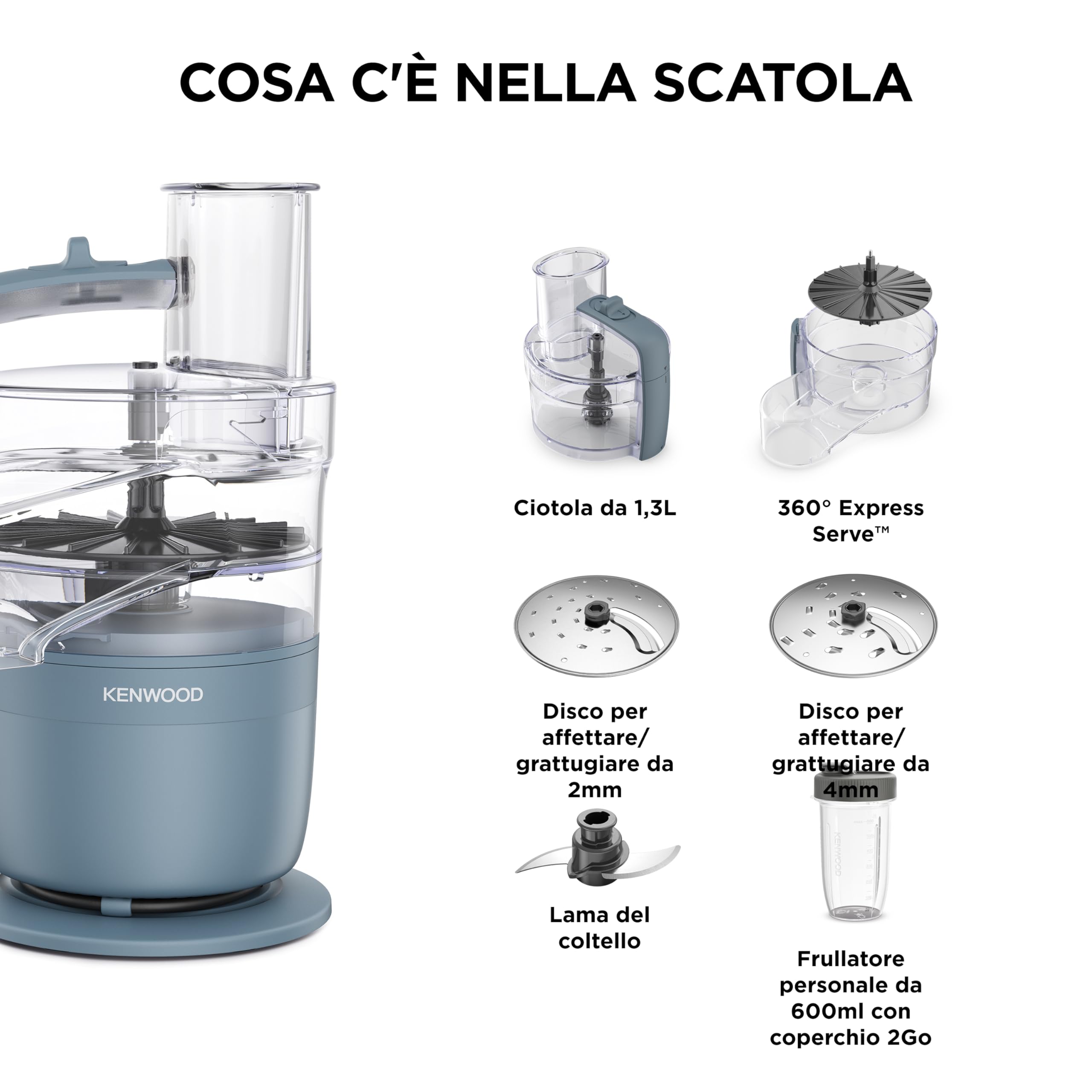 Kenwood MultiPro Compact – Robot da Cucina Multifunzione con Express Serve, Lama in Acciaio Inox, Dischi Affetta e Grattugia, Personal Blender 600 ml, Funzione Pulse, Blu Tempesta (FDP23.380GY)