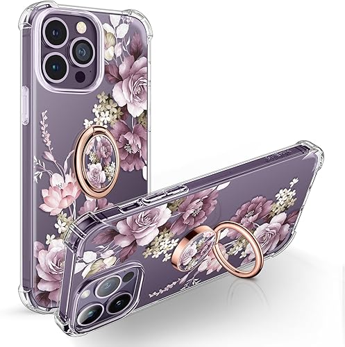 GVIEWIN Bundle - Compatible con iPhone 14 Pro Max con protector de pantalla y protector de lente de cámara + soporte de anillo de teléfono (flores