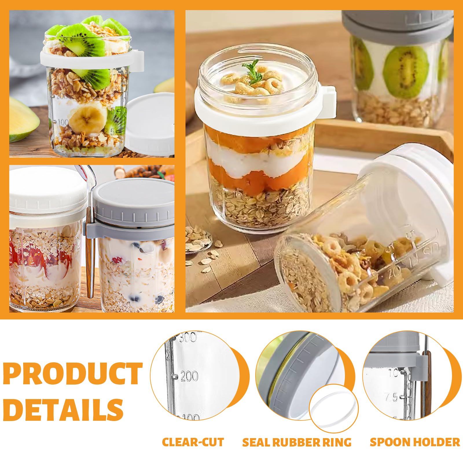 Overnight Oats Jar Precio Tarrinas Vidrio Overnight Oats - 2 Unidades  350ml, Herméticas, Con Cuchara, Para Llevar Bote Yogur Cristal, image size:1600x1600