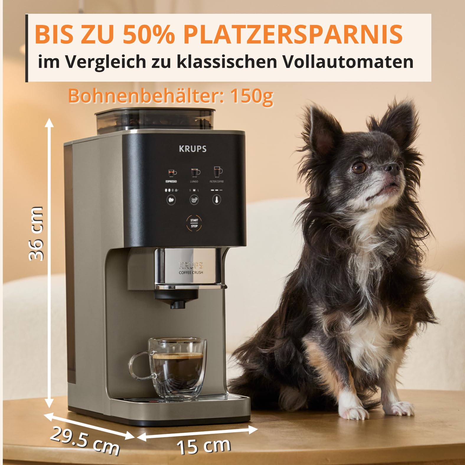 Krups Coffee Crush Extra Kaffeevollautomat, Edelstahlmühle, 15 cm breit, smartes Bedienfeld, Beige