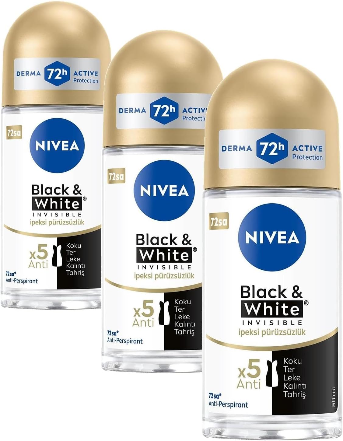 NIVEA Kadın Roll On Deodorant Black&White Invisible İpeksi Pürüzsüzlük 72 Saat Anti-perspirant Koruma 50ml (3 paketi)