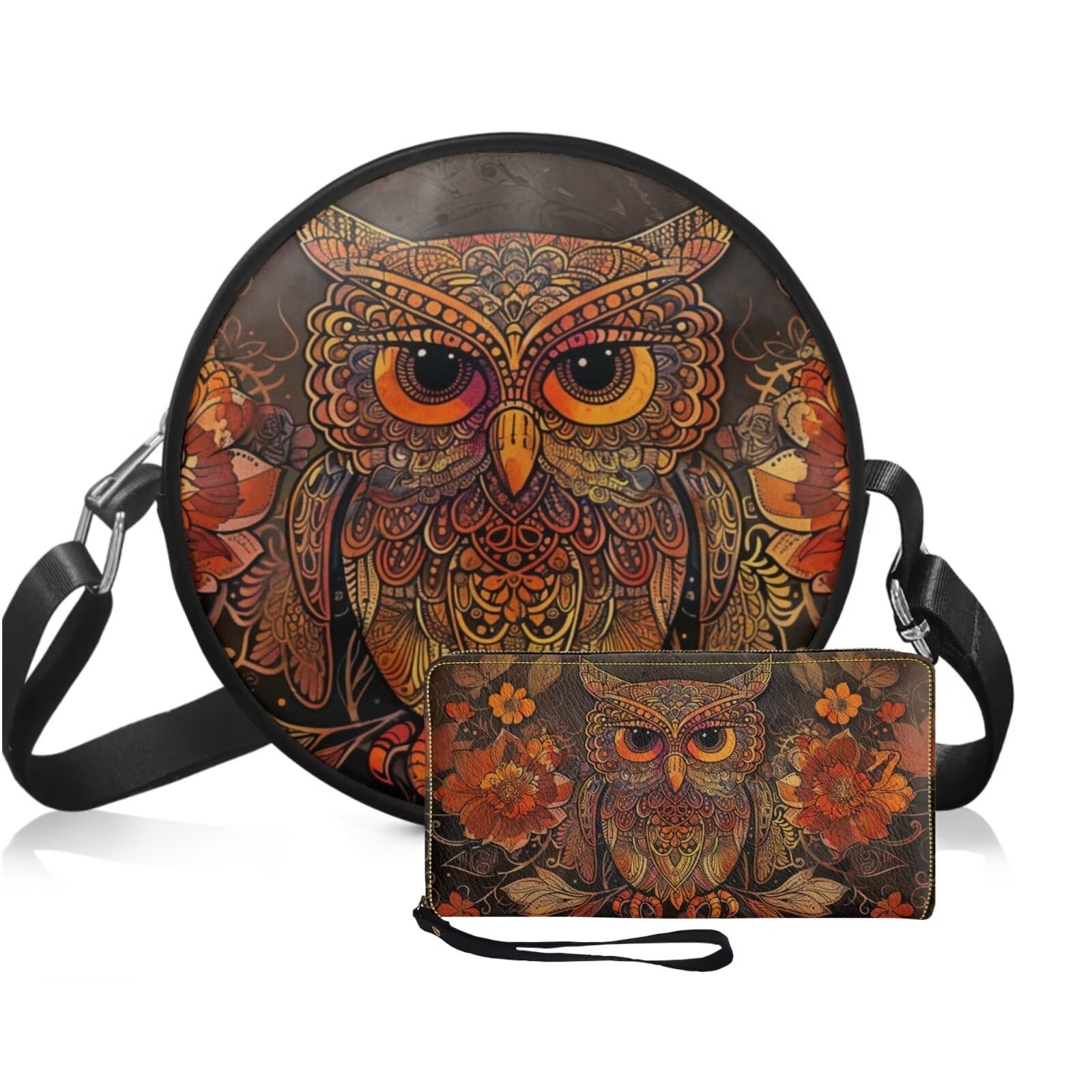 Circle Purse Set for Women Girls, PU Round Crossbody Bag with PU Wallet for Party Work