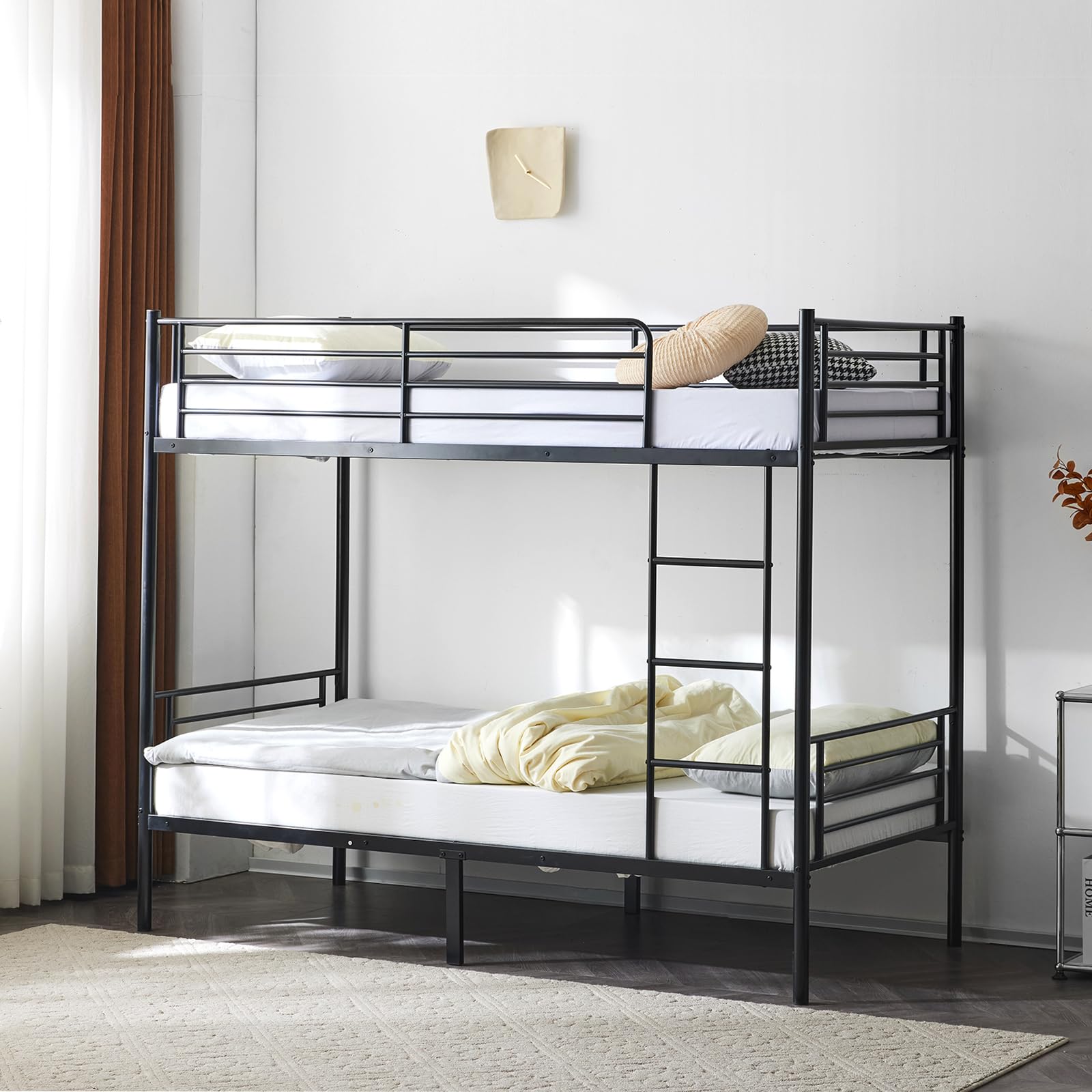 Bonnlo Metal Bunk Bed, Single over Single Loft Bed Frame with Ladder and Safety Guardrail, Bedroom Dorm Apartment Furniture Space-Saving Twin Over Twin Bunk Bed for Kids Teens Adults (Black)