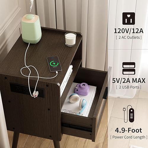 Miniatura 5 de Mesita de noche moderna de mediados de siglo con estación de carga, mesitas de noche con cajón de cristal, mesa auxiliar con espacio de