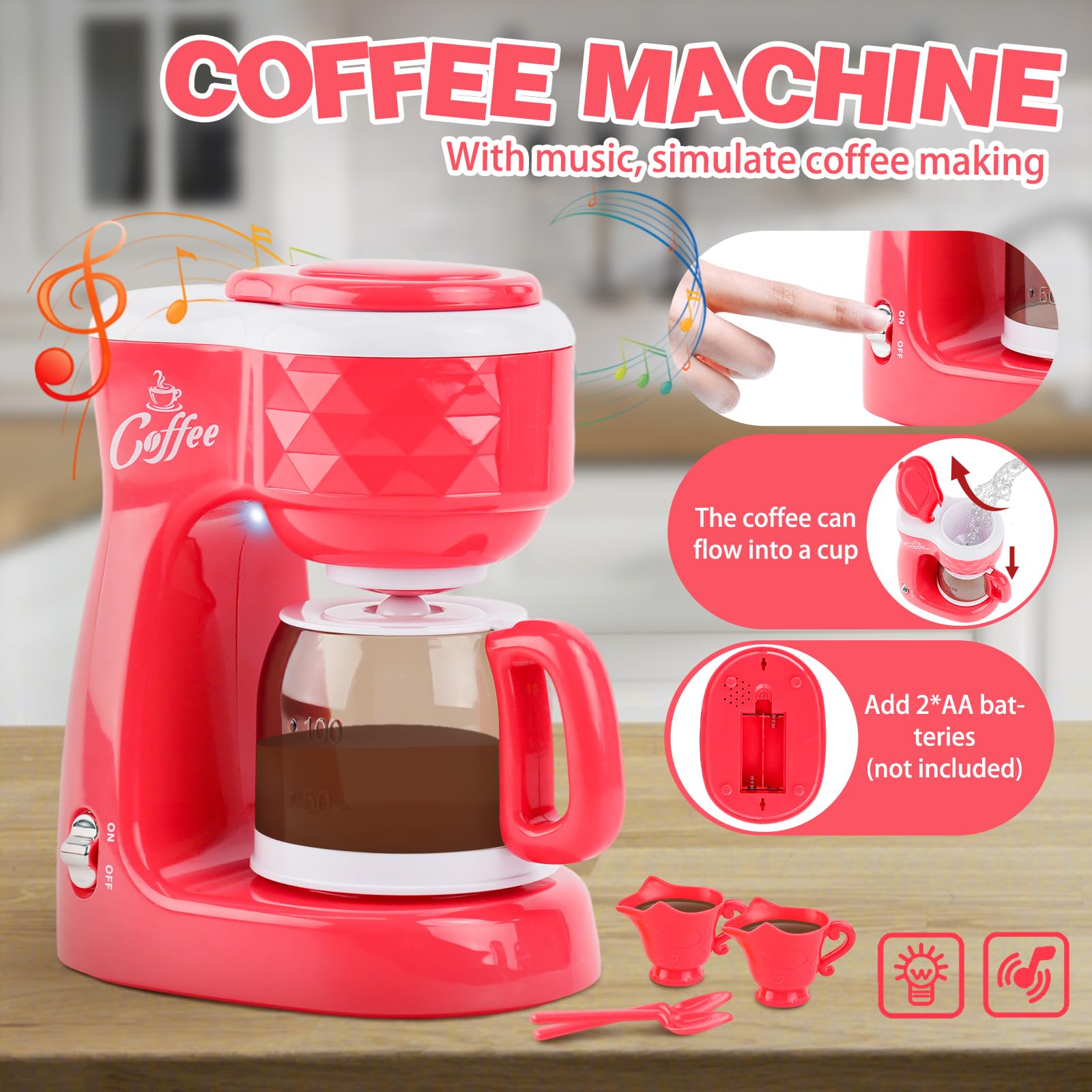 Ensemble d'appareils de cuisine pour enfants avec machine à café, mixeur, grille-pain, batteur, accessoires de cuisine pour enfants, jouets de cuisine de jeu avec aliments, avec lumière et son, jeux
