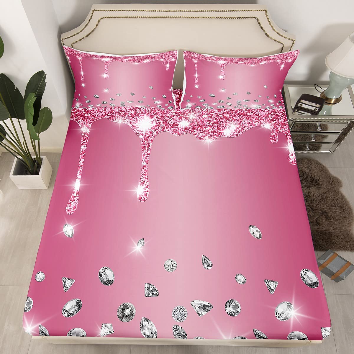 Juego de sábanas de diamantes con purpurina para niños y niñas, sábana bajera ajustable brillante para niños, mujeres y hombres, textura de lujo suave, colorido y moderno, juego de ropa de cama para