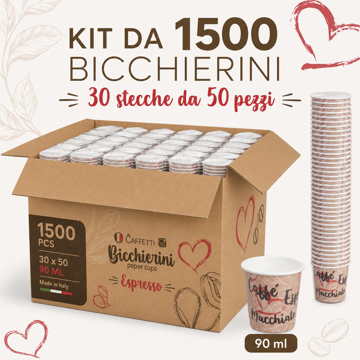 Caffetti 1500 Bicchierini Caffè Carta 90 ml Made in Italy, 30 Stecche da 50 Bicchieri Monouso per Espresso, Tazzine Usa e Getta per Bar, B&B, Ufficio, Asporto, Bevande Calde, Tema Cuore