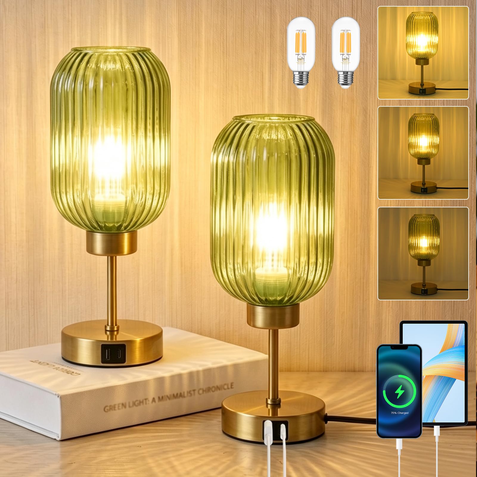 Green Glass Table Lamps Set of 2 with Bulb, Small Touch Beside Lamp with USB Ports, 3 Way Dimmable Desk Lamps, Vintage Gold Nightstand Lamps for Bedroom Living Room, Office, Home Decor