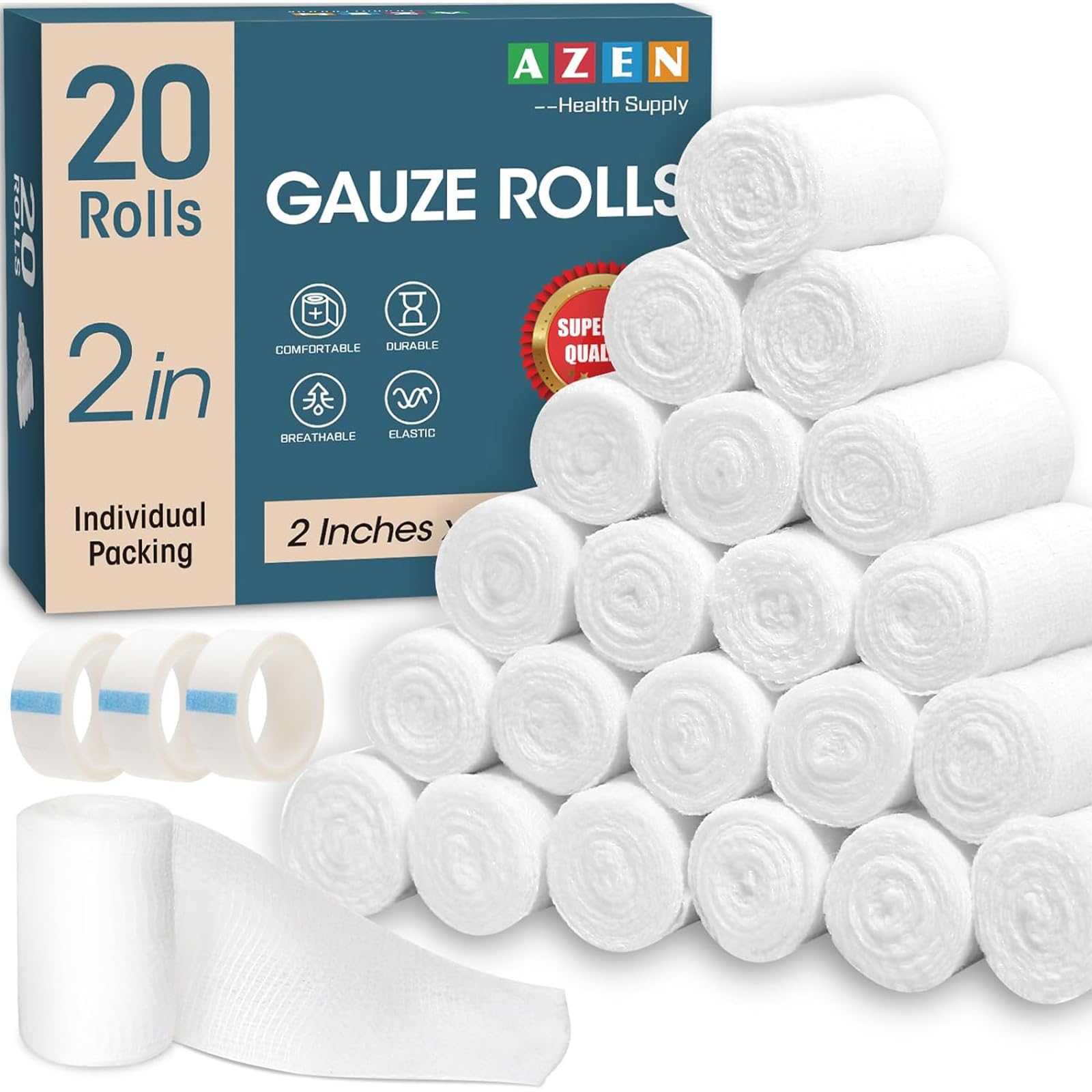 AZEN 20 Pack Gauze Rolls Bandages, 2 in x 4.1 Yards, Premium Medical Supplies & First Aid Supplies, Bandage Wrap Vet Wrap