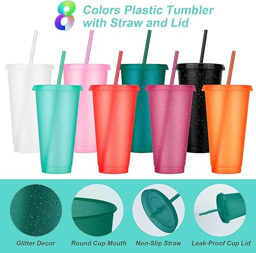 Vista 40 de Paquete de 24 vasos de plástico con tapas y popote, vasos reutilizables con tapas y pajillas, vasos coloridos para bebidas frías, café helado, vasos