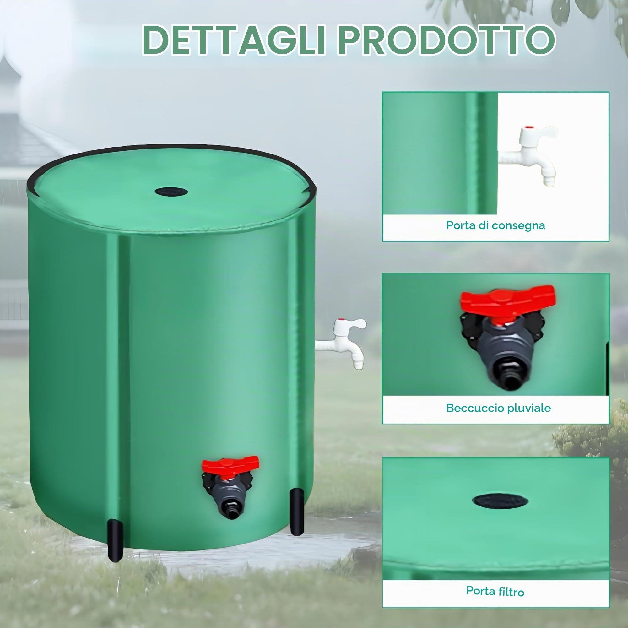 Secchio per L'acqua Piovana, 200L Serbatoio Cisterna Raccolta Acqua Pieghevole Serbatoio Acqua Verde per Giardino con Scarico Dell'acqua Filtro a Rete 2 Rubinetti e Protezione Antitrabocco