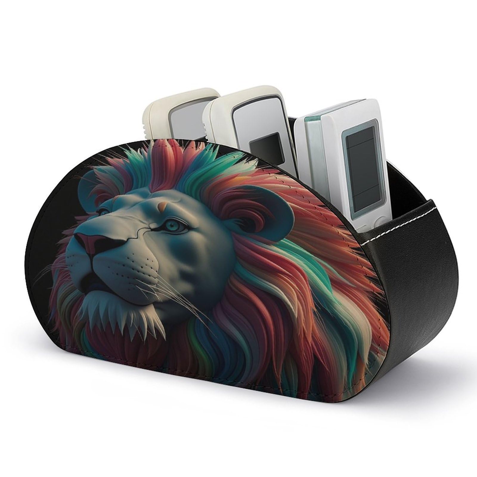 FekiLoot Abstract 3D Art Lion TV Remote Control Holder with 5 Compartments Multi-functional Leather Bedside Table Remote Caddy Desktop Storage Box for Store Pen Controller Media Player Cosmetic