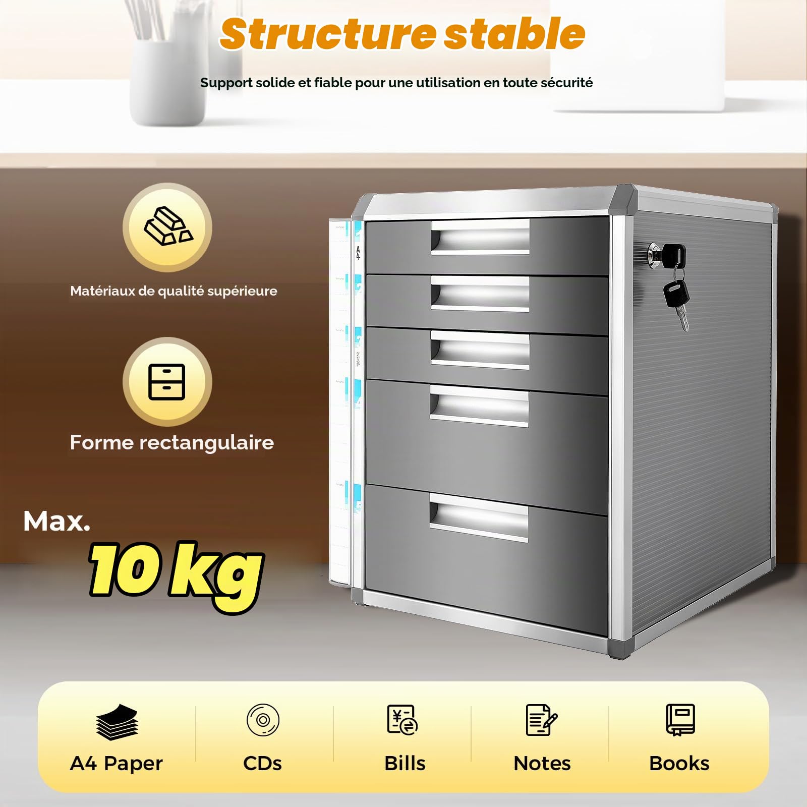 Boîte à tiroirs verrouillable en alliage d'aluminium avec 2 clés - Boîte de rangement pour documents - 35 x 31,5 x 40,5 cm (5 compartiments)