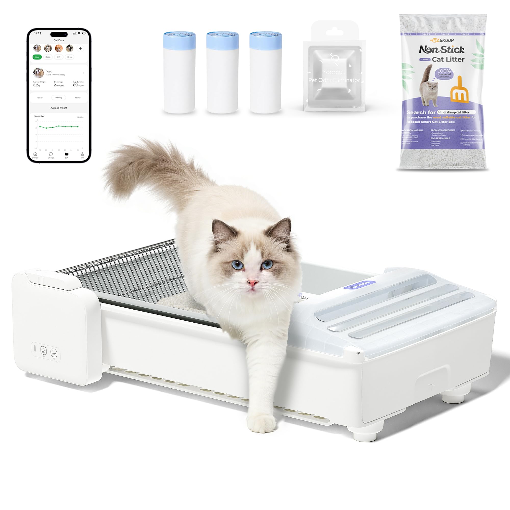 Open-Top Self Cleaning Litter Box, 2026 Upgraded Extra Large Automatic Cat Litter Box for Multiple Cats, Safety Sensors/App Control/Odor Control/Easy Clean - Includes 5 lbs Premium Cat Litter