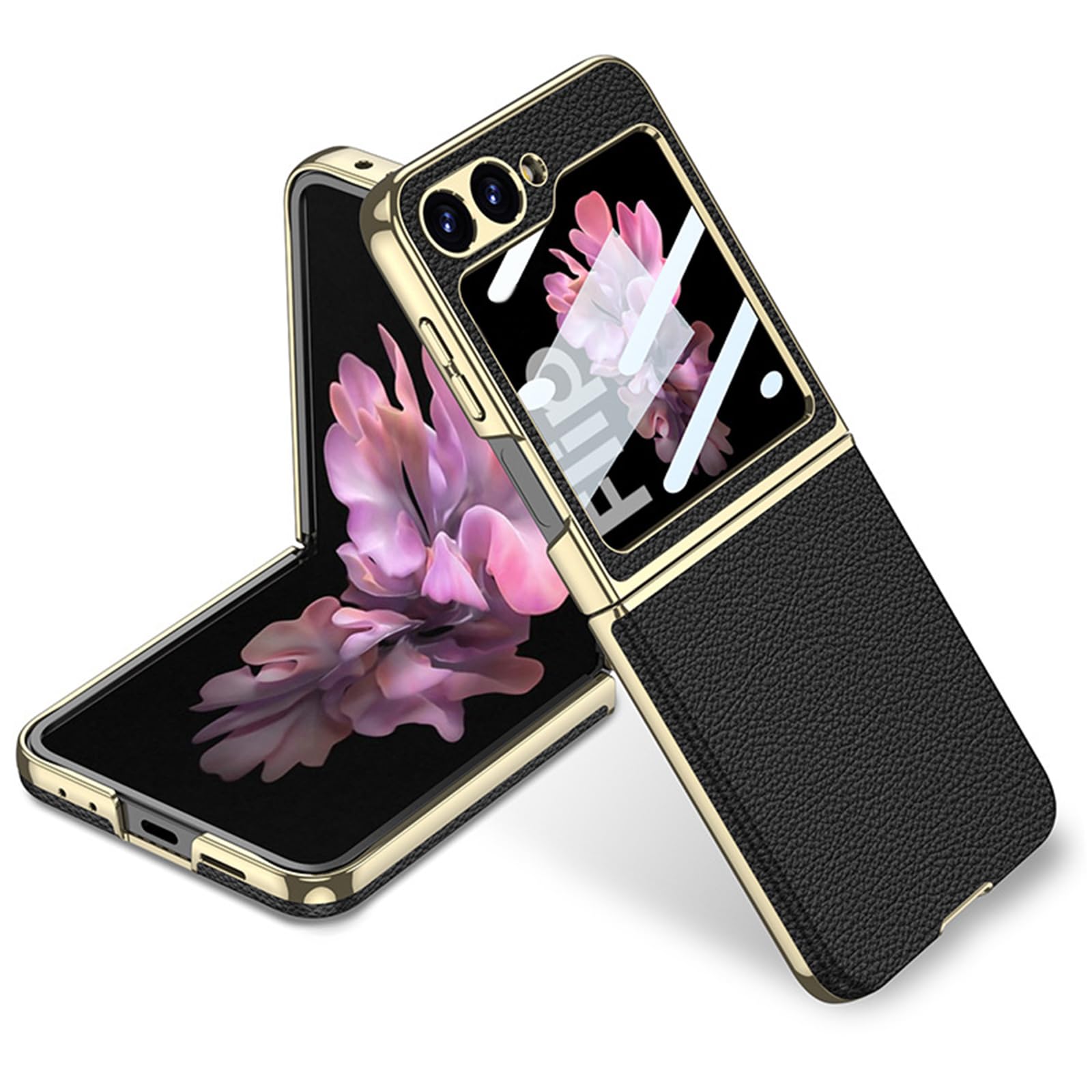 Etui do Samsung Galaxy Z Flip 7, luksusowe galwanizowane skórzane etui ochronne z osłoną ekranu, bezprzewodowe ładowanie, czarny, Flip 7