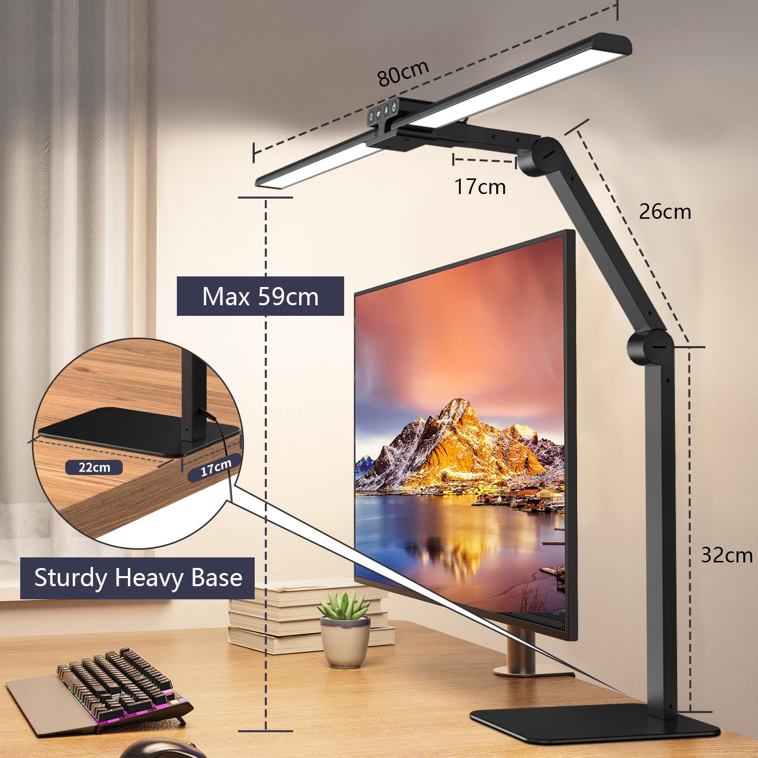 KableRika 24W Lampe de Bureau LED 80cm Double Tête, Métal Base, Réglage Intensité, Protection des Yeux, Noir