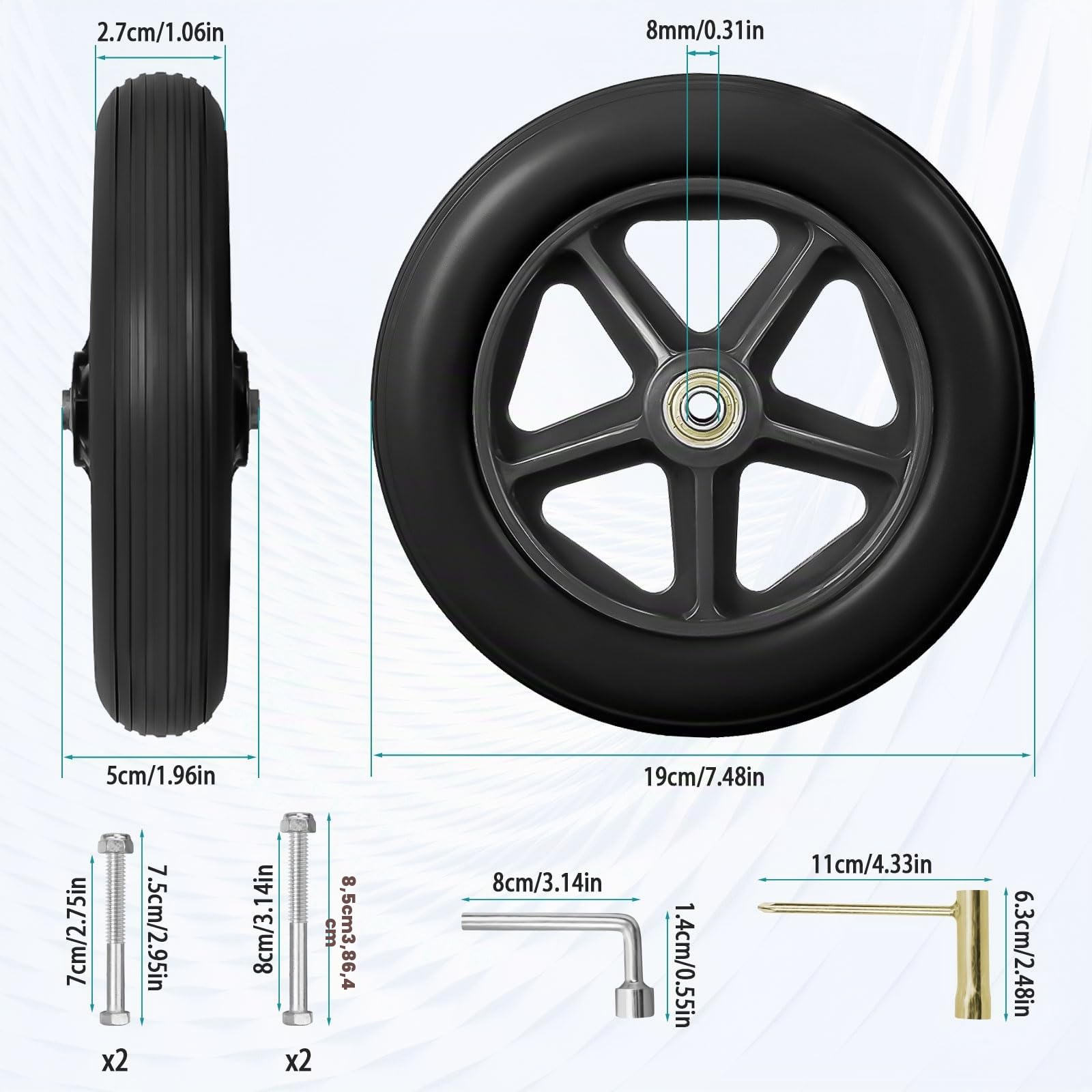 200mm Roulette Avant de Fauteuil Roulant, 2 Roues avant du Fauteuil Roulant Antidérapant/Résistant à l'usure, Roue de Fauteuil Roulant pour Fauteuils Roulants, ruedas de repuesto sólidas de 200 mm