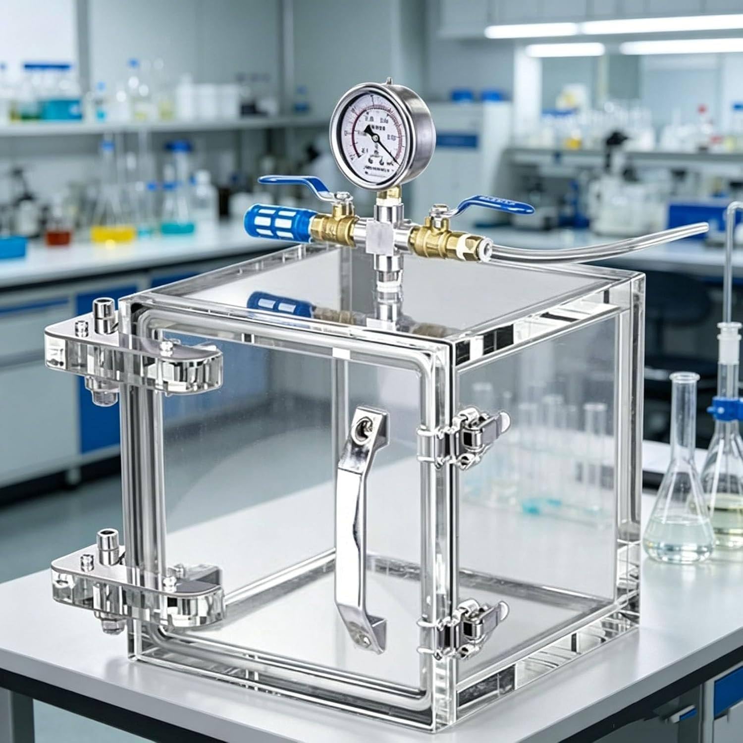 Cámara de desgasificación al vacío acrílica, Bomba de vacío de diafragma con manómetro y válvula de 2 vías, ventilación rápida para Laboratorio. 30x30x30cm